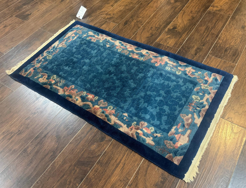 Blue Chinese Wool Rug 2.5 x 4, Peking Rug, Fete Rug, Semi Antique Chinese Carpet