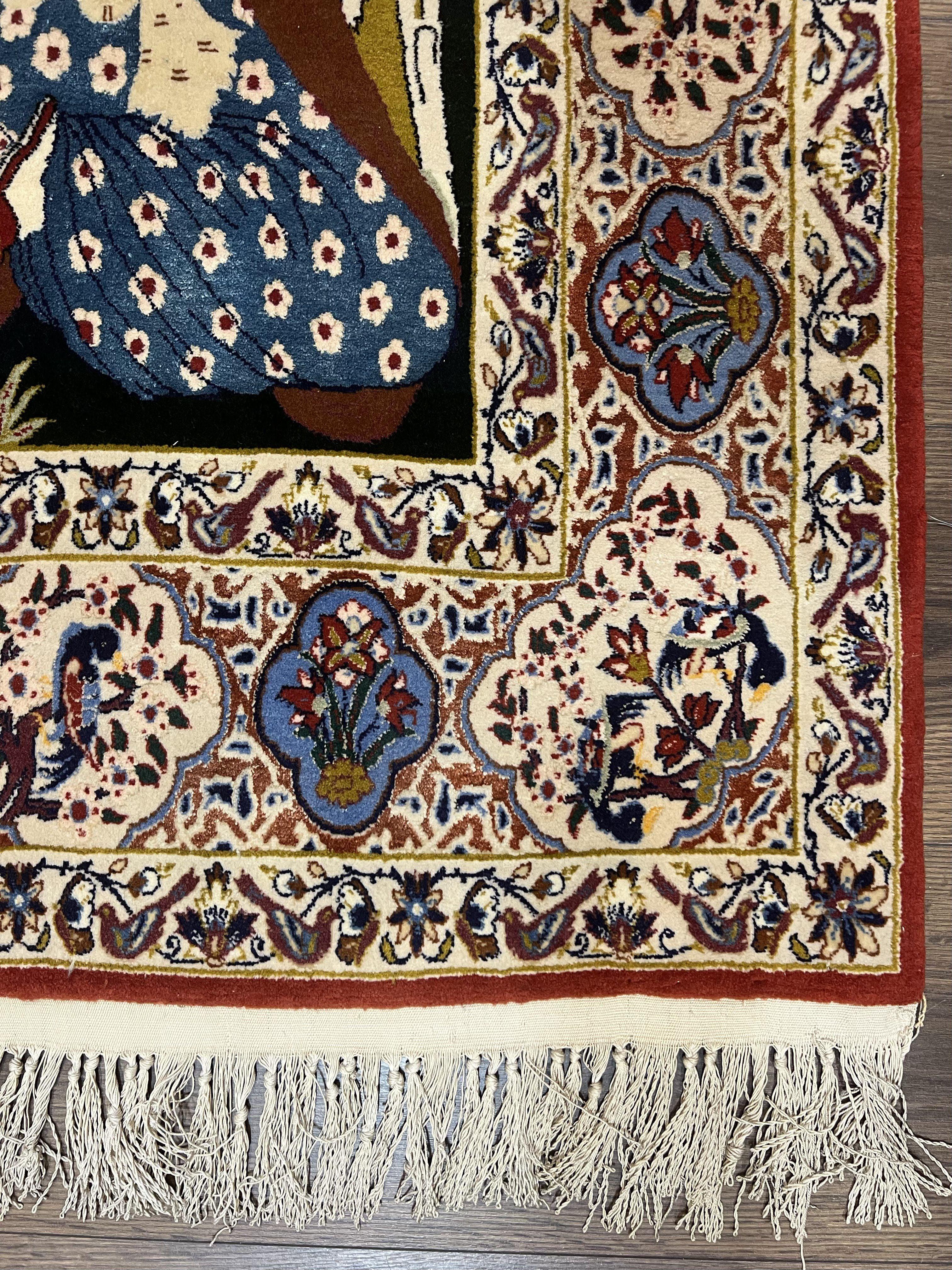 Persian Pictorial Rug 5 x 4 ft, Persian Isfahan Rug, Kork Wool on Silk Foundation, Signature from Master Weaver, Drums and Musical Instruments, Birds, Detailed