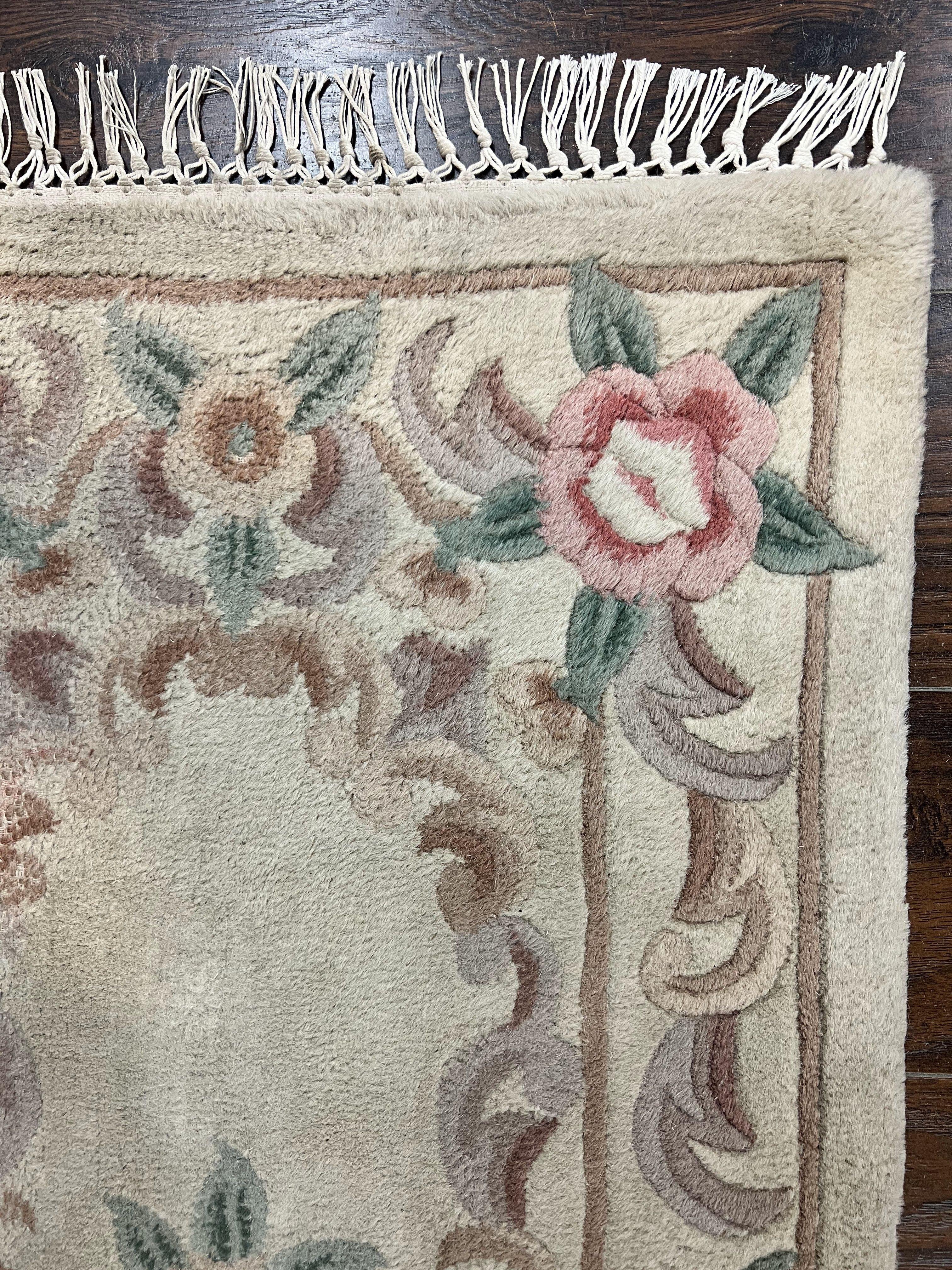 Chinese Aubusson Runner Rug 2.4 x 11, Hand Tufted Beige Floral European Design Hallway Rug, Elegant Rug, Vintage Wool Rug 11ft Long