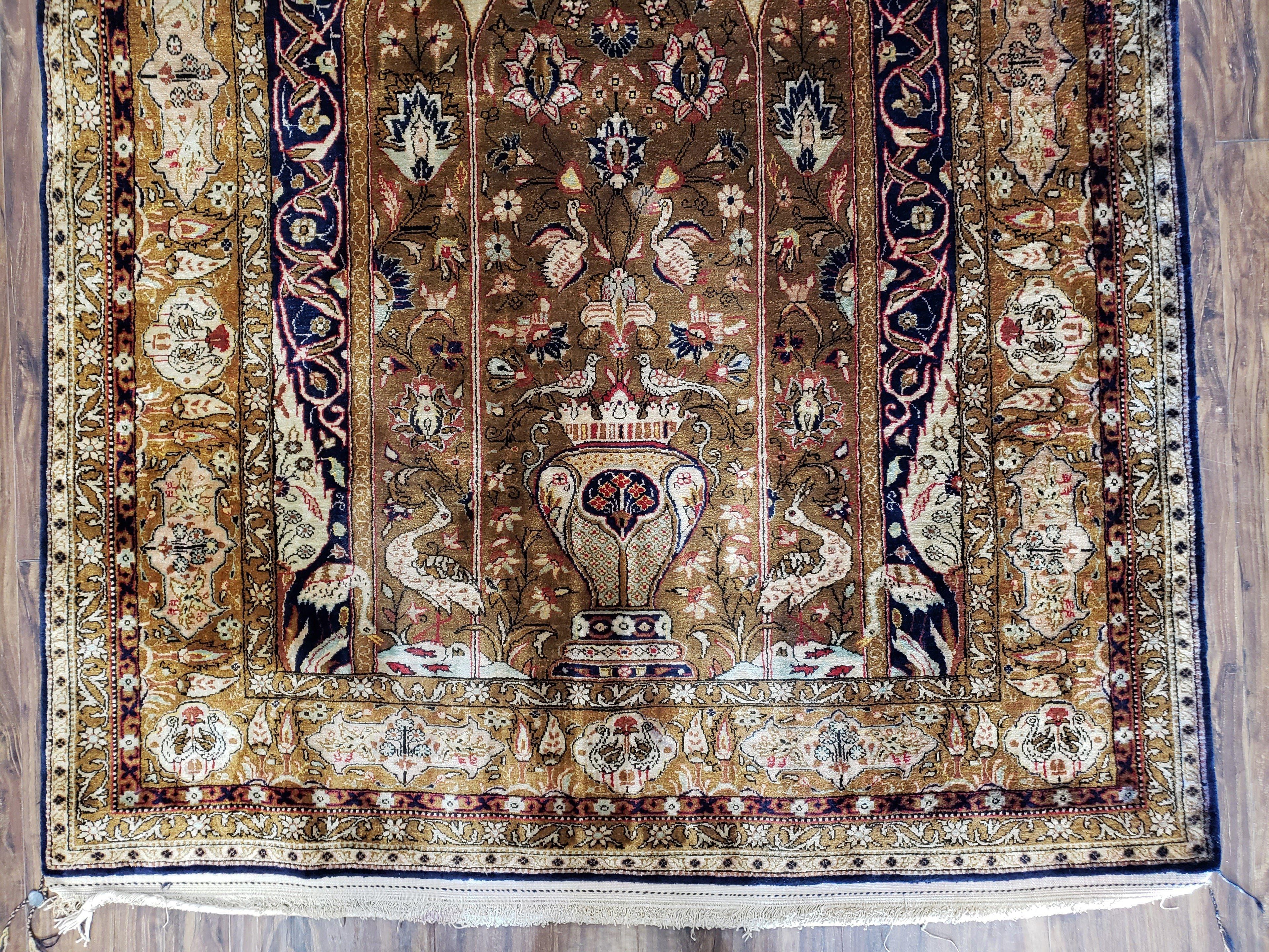Semi Antique Persian Qum Silk Prayer Rug, Silk, Hand-Knotted, 3'6" x 5'