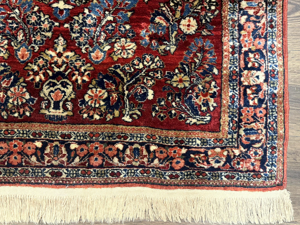 Antique Persian Sarouk Rug 3x5, Red, Floral, 200 KPSI