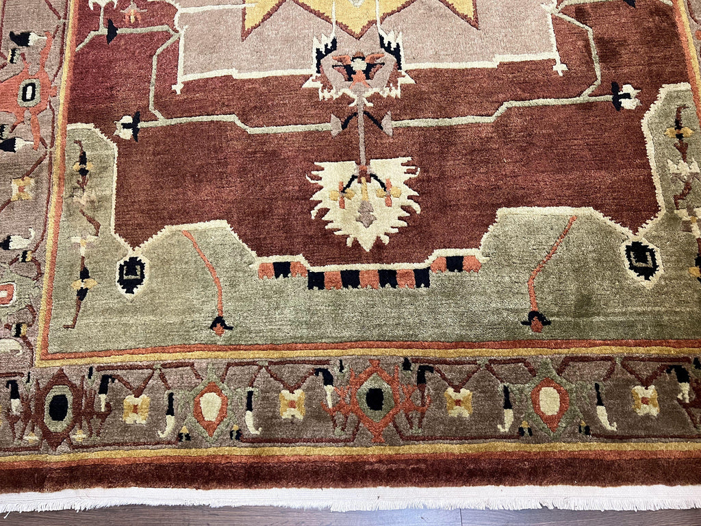 Tibetan Rug 7x10, Geometric Medallion, Red Green Taupe, Hand Knotted, Soft Wool Area Rug, Contemporary Carpet, Handmade Nepali Rug 7 x 10 ft
