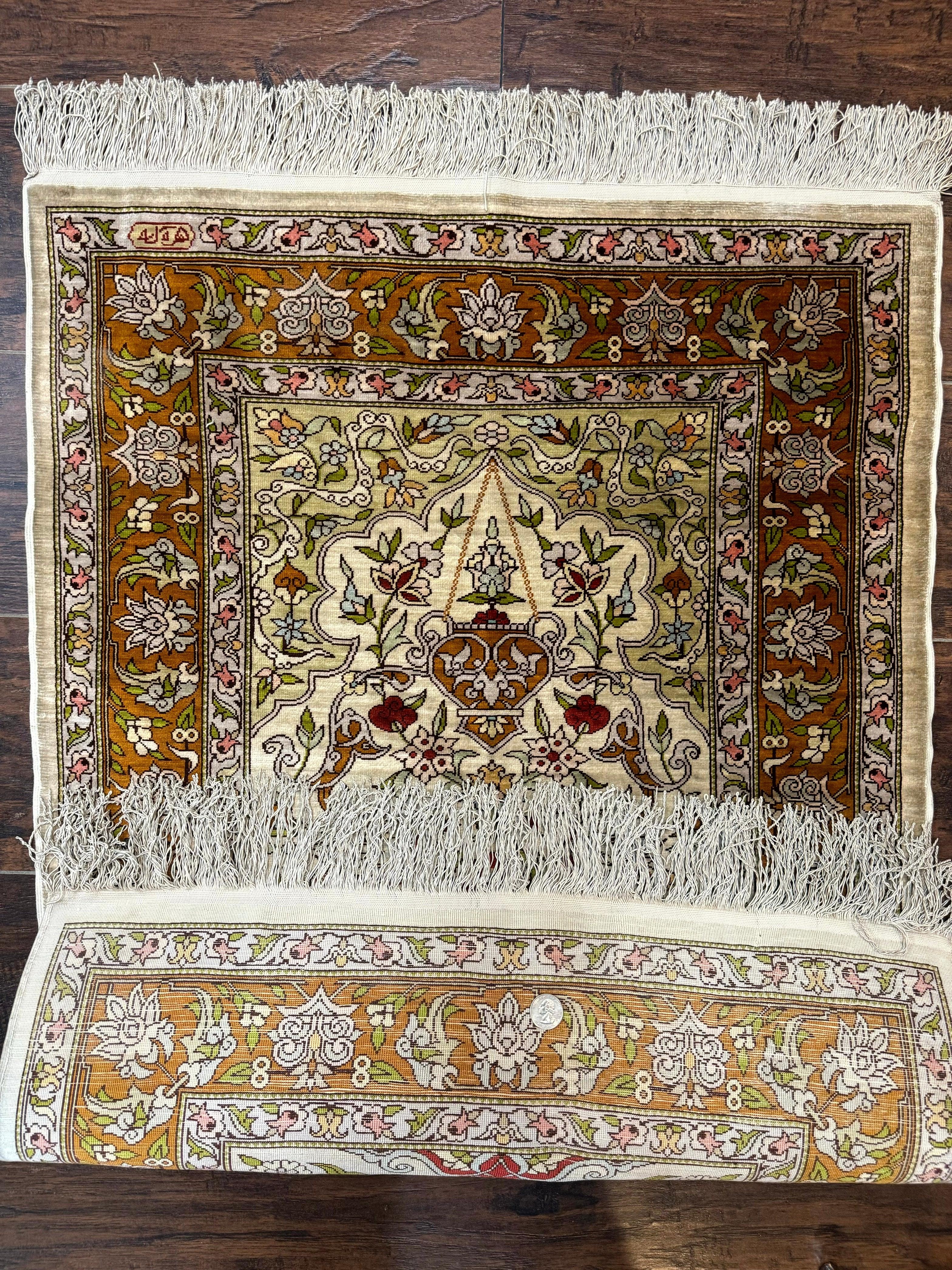 Silk Turkish Hereke Rug 2x3, Birds Lantern Very Fine 400 KPSI, Signed by Masterweaver, Wonderful, Rare, Small Hereke Rug