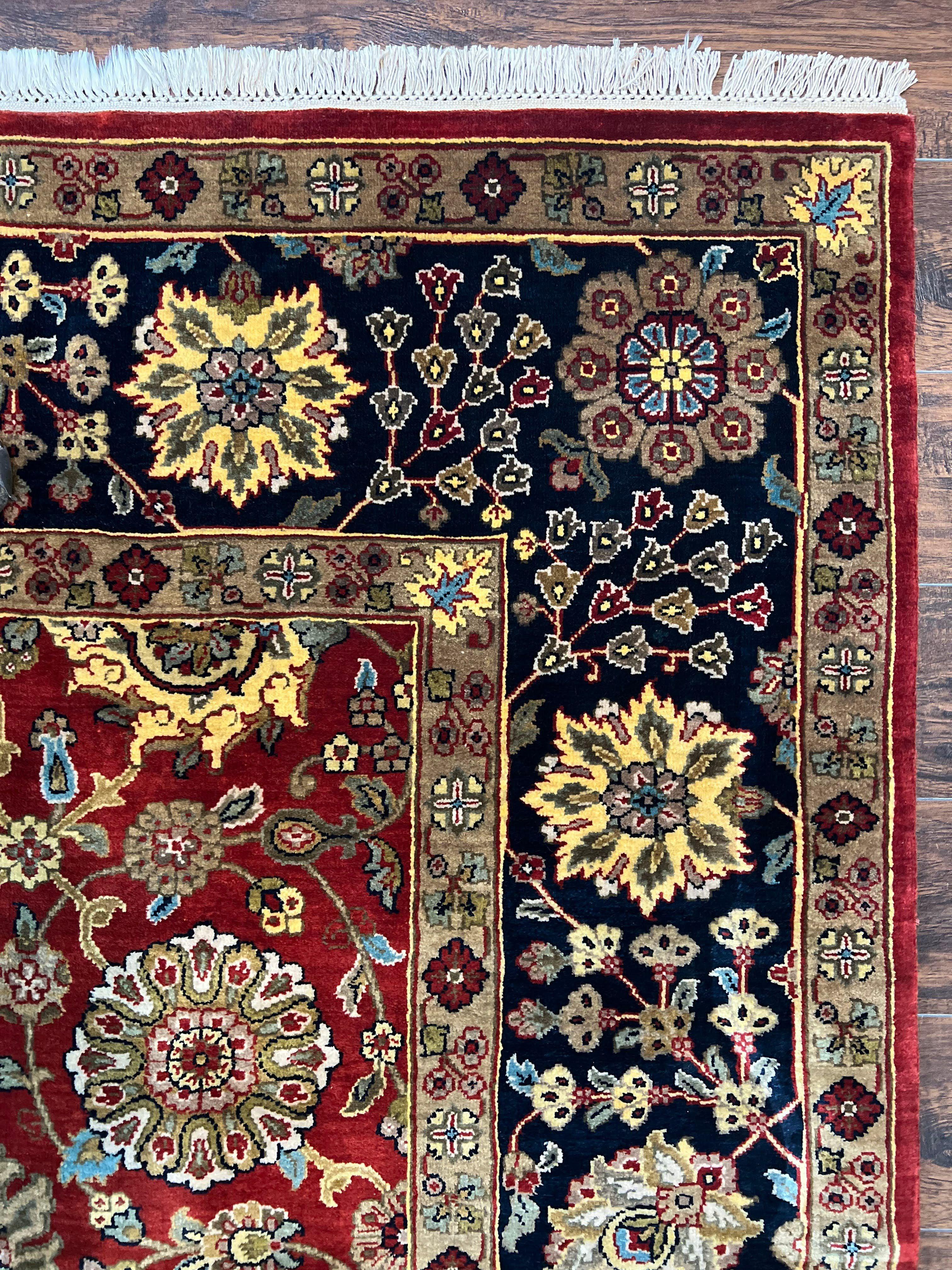 Indo Persian Rug 9x12, Hand Knotted Traditional Indian Wool Oriental Carpet 9 x 12 ft, Maroon and Navy Blue, Floral Allover 9x12 Vintage Rug