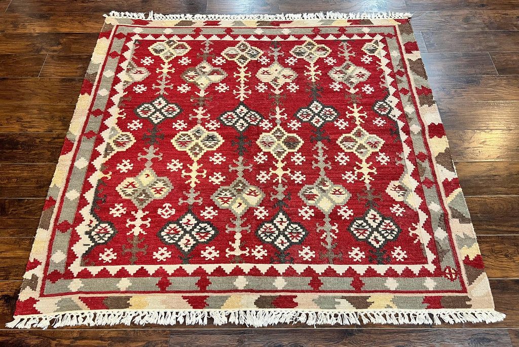 Indian Kilim Rug 6x6, Square Kilim Flatweave Carpet, Vintage Handmade Wool Rug, Red