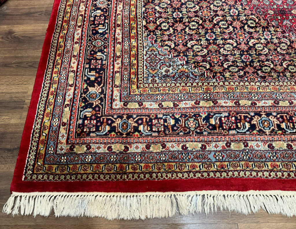 Indo Persian Bidjar Rug 10x14, Red and Dark Blue, Herati Mahi Pattern, Vintage