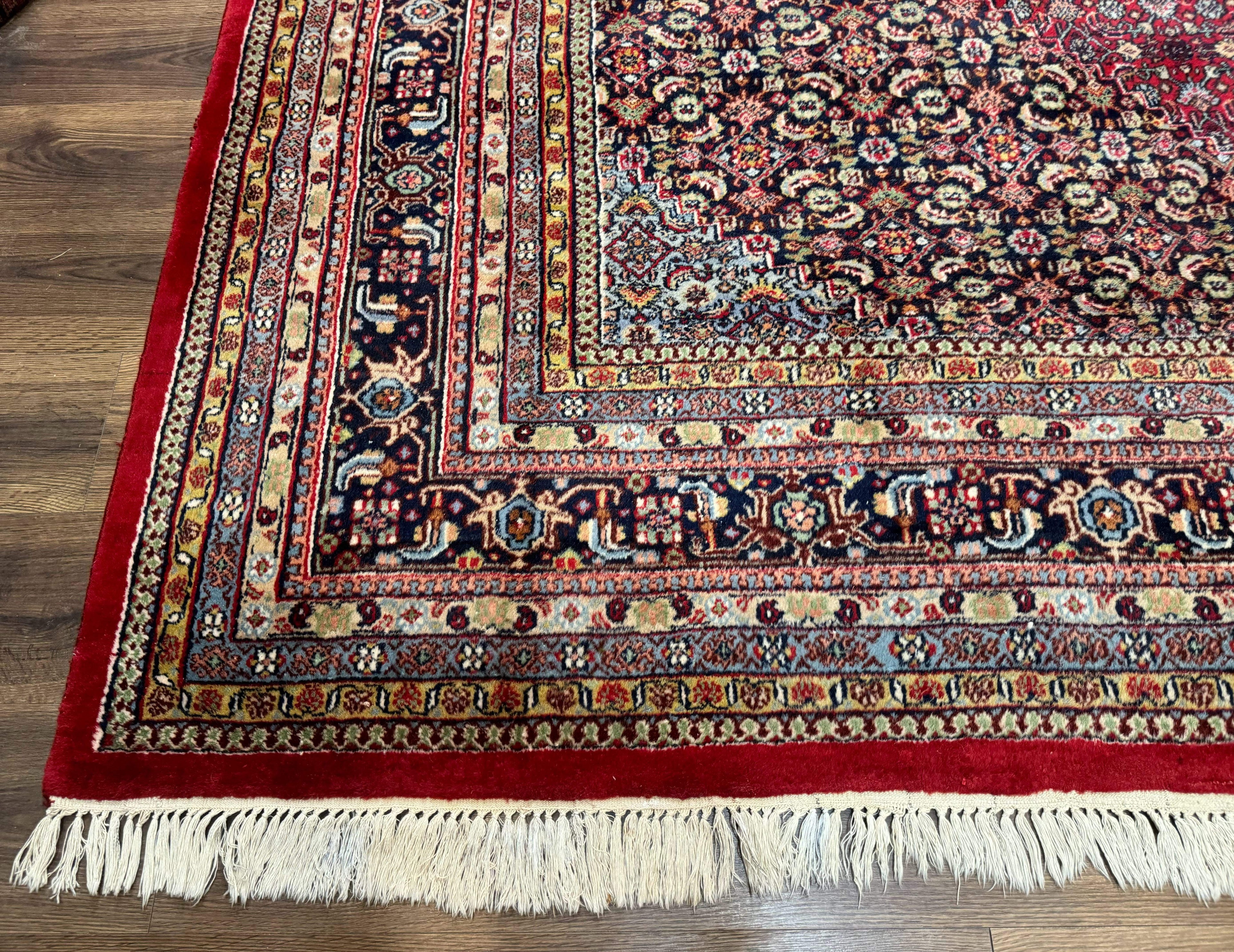 Indo Persian Bidjar Rug 10x14, Red and Dark Blue, Herati Mahi Pattern, Vintage