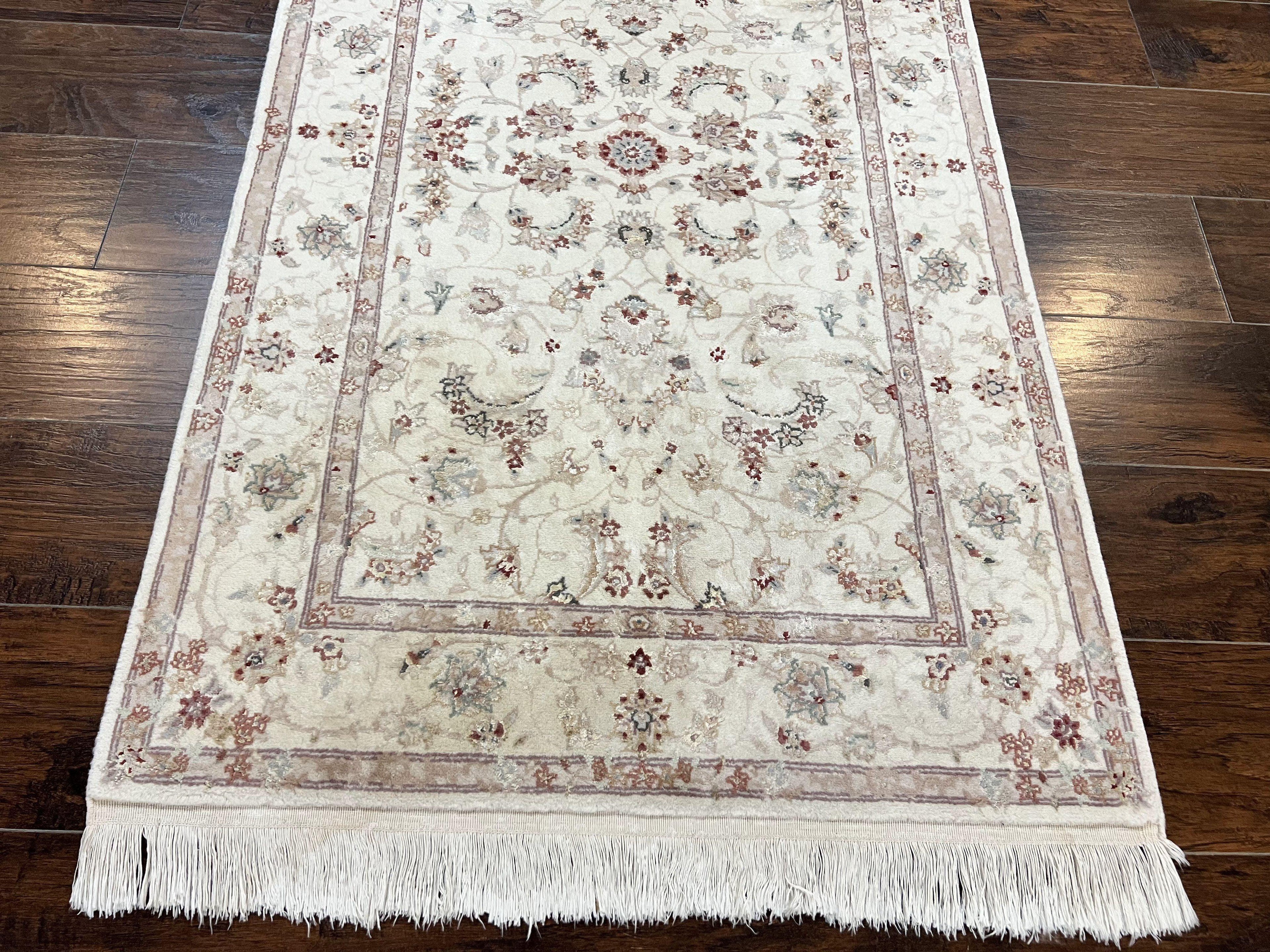 Sino Persian Rug 3x5, Wool with Silk Highlights, Ivory Floral Traditional Wool Area Rug, Fine Oriental Carpet, Vintage 3 x 5 Handmade Rug