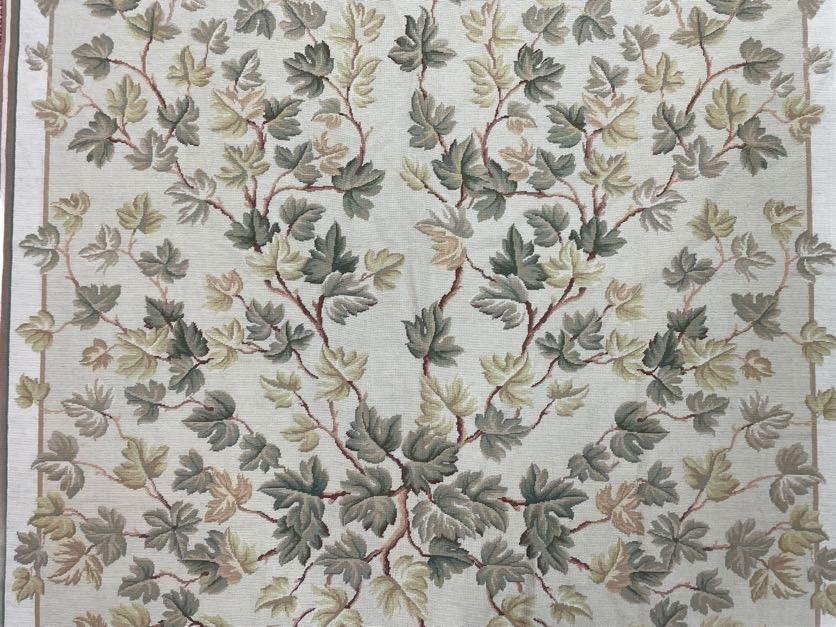 Aubusson Needlepoint Rug 9x12, Flatweave Carpet, Leaves, Wool, New, Handmade