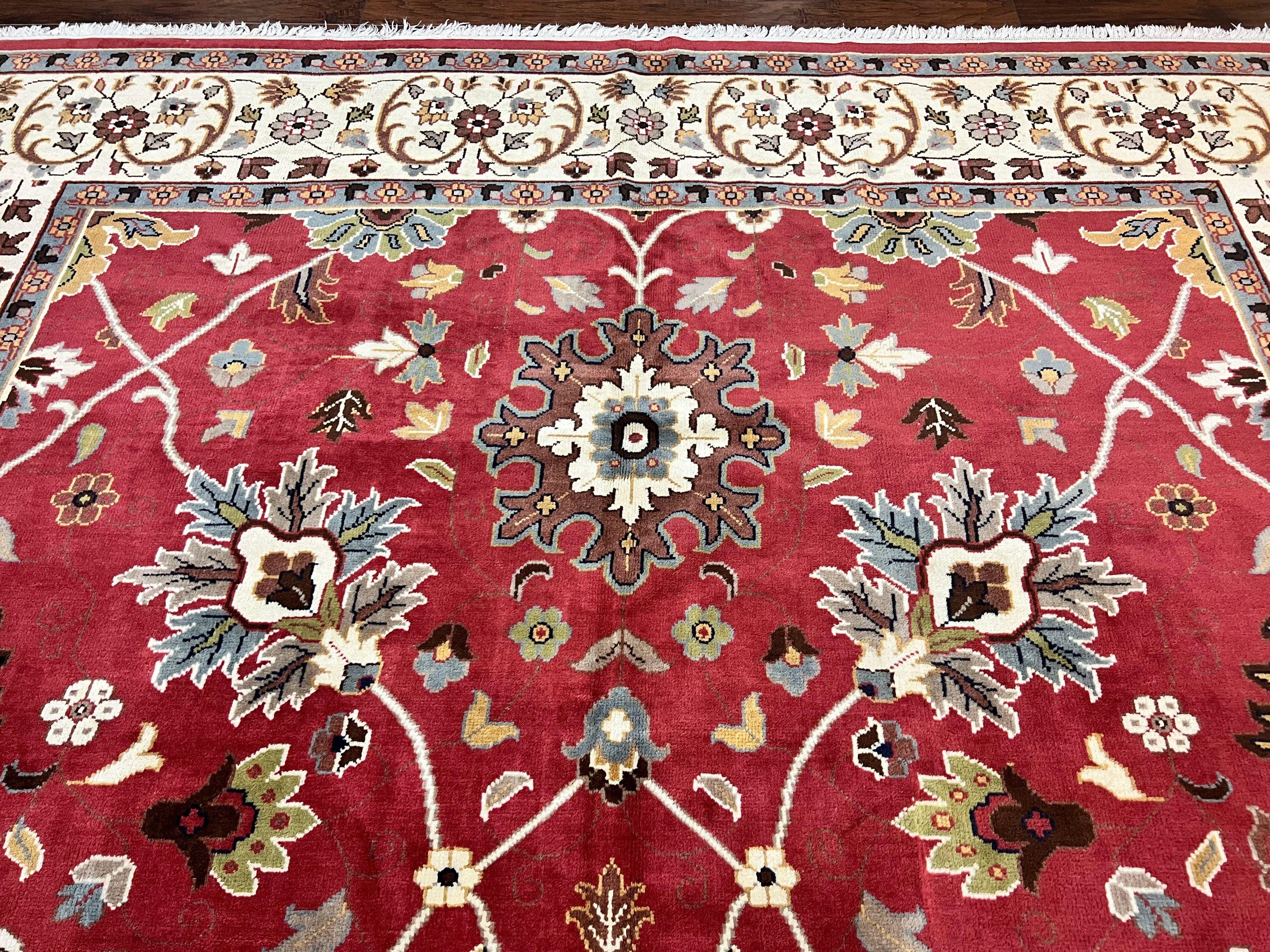 Indo Persian Rug 9x12, Wool Hand Knotted Vintage Carpet, Red & Ivory, Floral Allover, 9 x 12 Room Sized Rug
