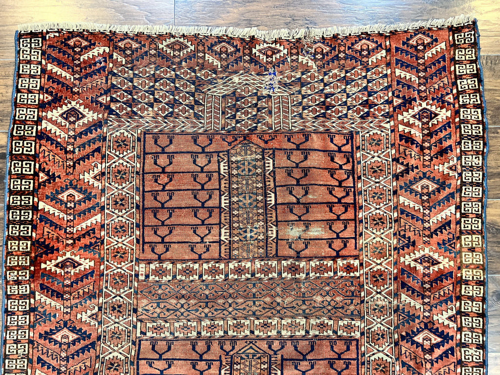 Antique Turkoman Rug 4x4, Hatchli Square Carpet, Wool Handmade Four Season Yamud Design Rug, Red Bohemian Tribal Rug, Engsi Tekkeh Rug