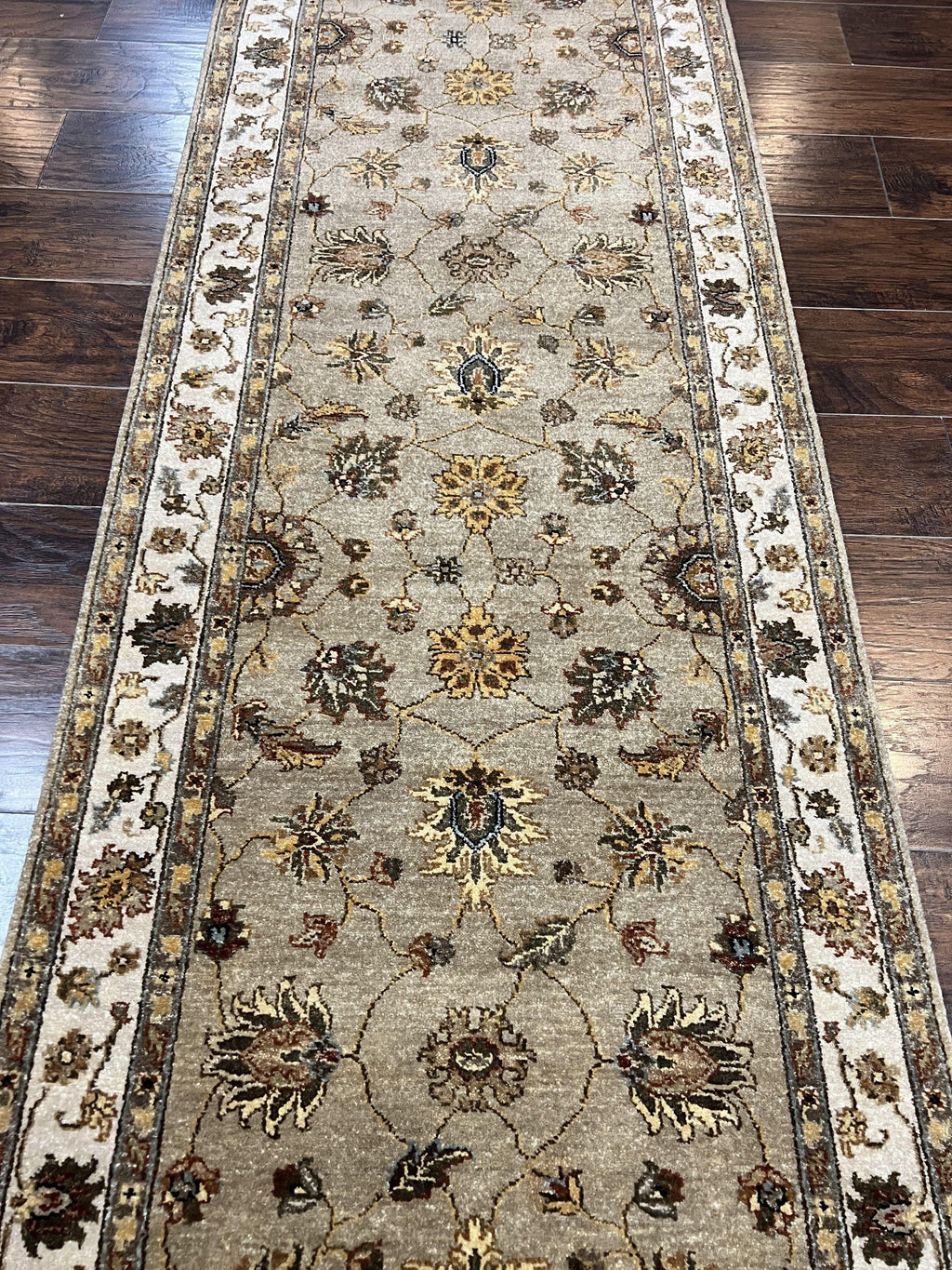 Peshawar Runner Rug 3 x 20, Wool Hand Knotted Vintage Pakistani Carpet, Olive Green & Ivory, Extra Long 20ft Hallway Runner, Floral