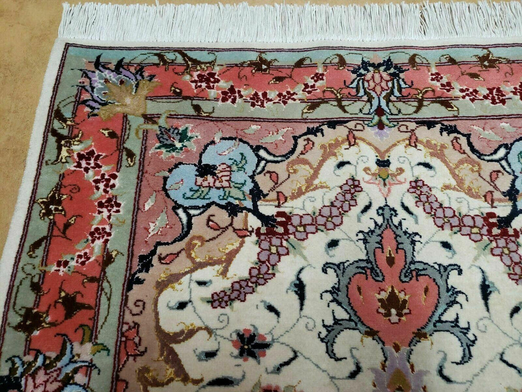 Small Vintage Persian Tabriz Wool and Silk Rug 2.5 x 4 ft, Very Finely Hand Knotted, Medallion, Ivory Salmon Light Blue, Top Quality, Pair A