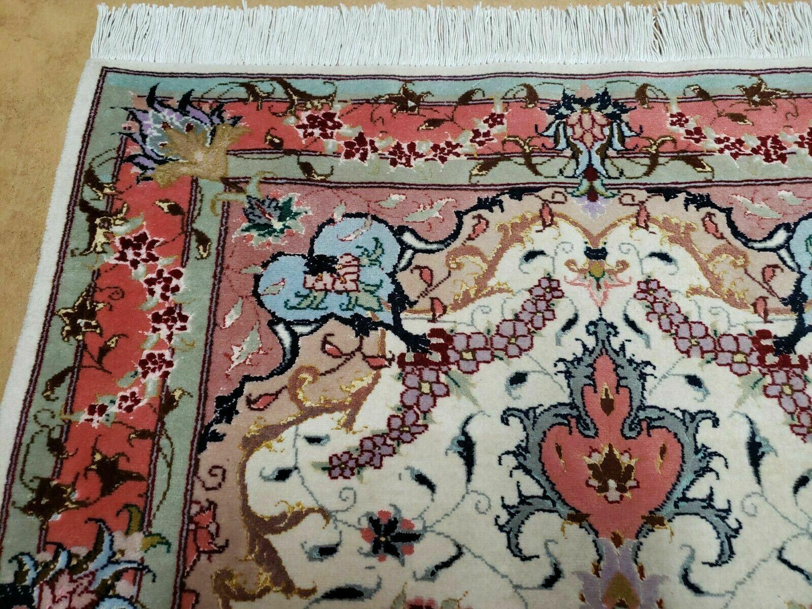 Small Vintage Persian Tabriz Wool and Silk Rug 2.5 x 4 ft, Very Finely Hand Knotted, Medallion, Ivory Salmon Light Blue, Top Quality, Pair A