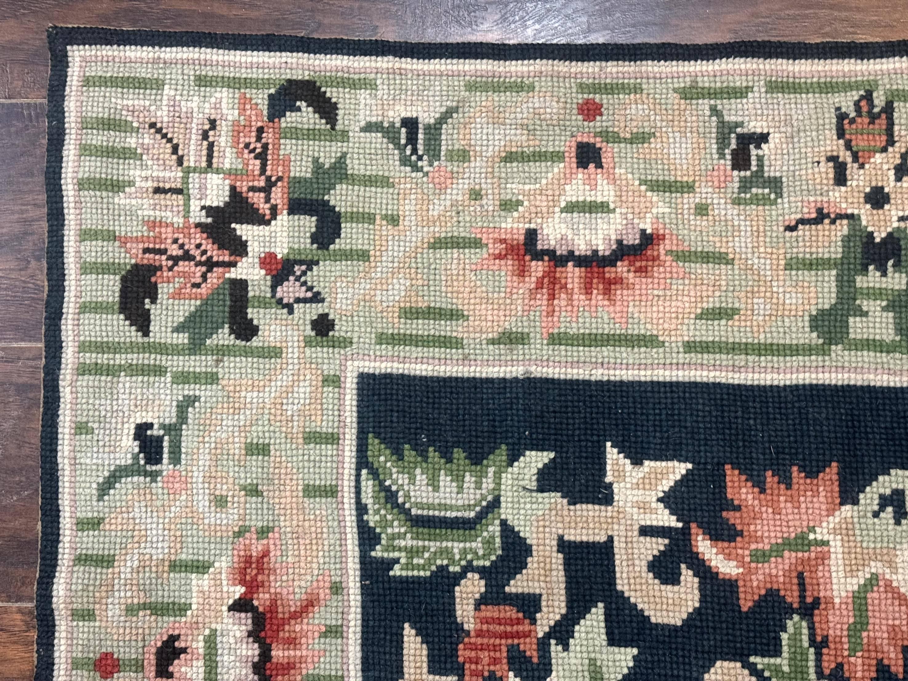 Vintage American Needlepoint Rug 4x6, Dark Green, Wool, Handmade, Flatweave Carpet