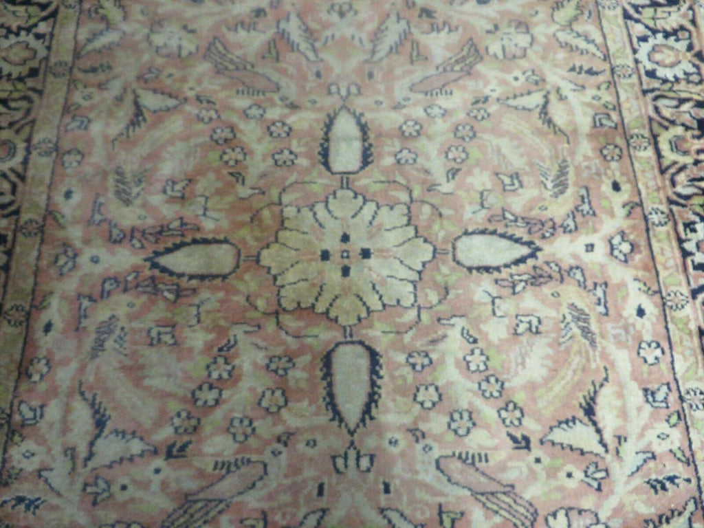 Indian Silk Rug 4x6, Indian Kashmiri Silk Carpet 4 x 6 ft, Vintage Hand Knotted Floral Bird Motifs, Light Pink and Navy Blue, Silk on Cotton