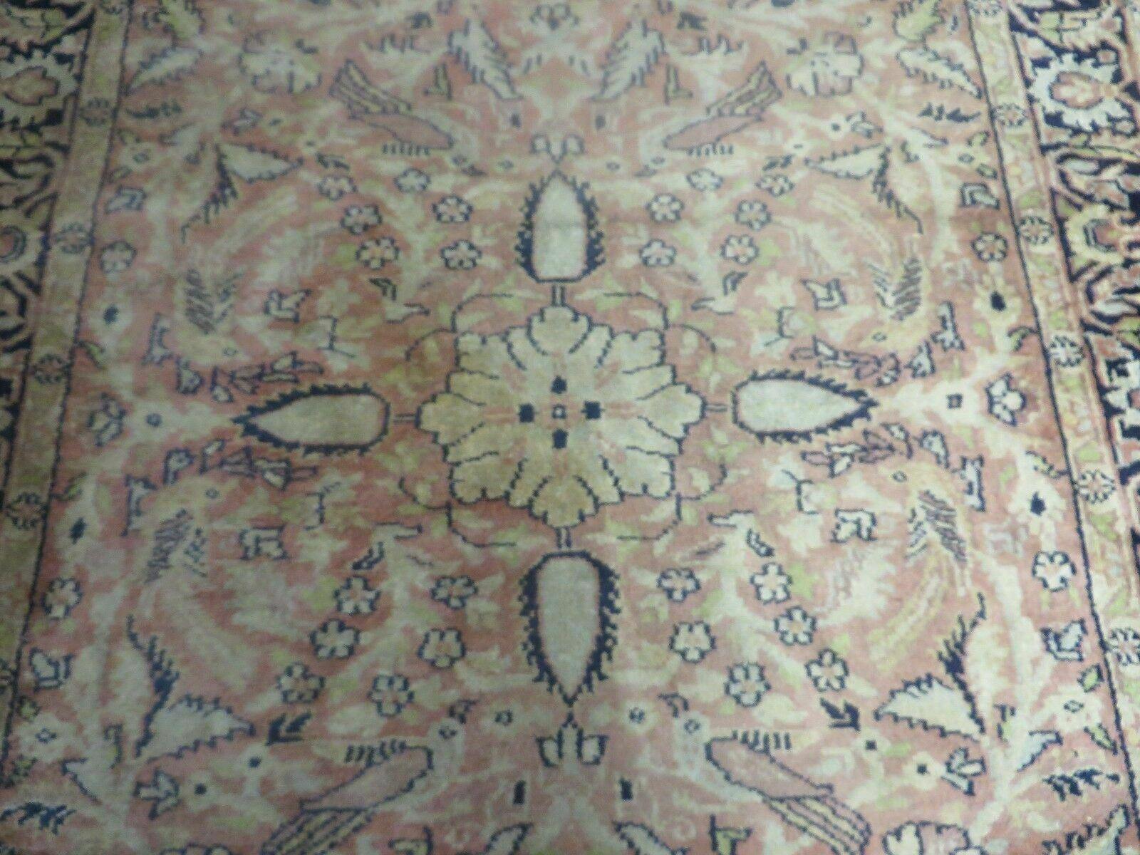 Indian Silk Rug 4x6, Indian Kashmiri Silk Carpet 4 x 6 ft, Vintage Hand Knotted Floral Bird Motifs, Light Pink and Navy Blue, Silk on Cotton