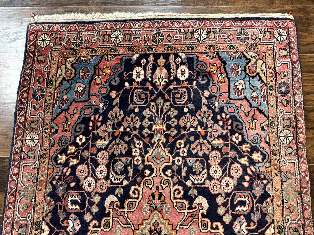 Persian Rug 3x5, Jozan Sarouk Rug, Navy Blue and Coral, Medallion Rug, Semi Antique