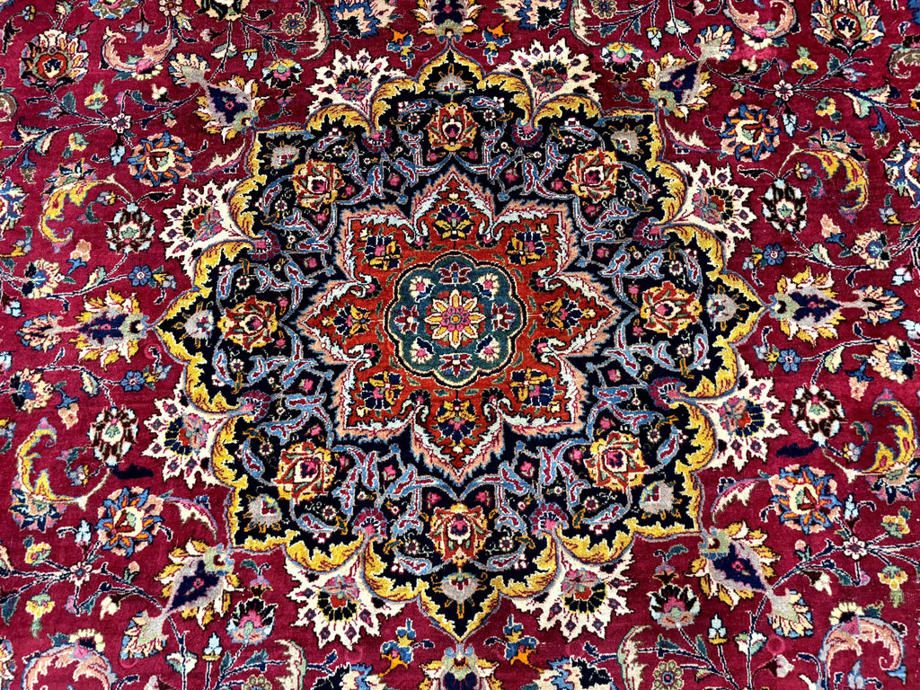 Red Persian Mashad Rug 10x13 - Floral Medallion Signed By Masterweaver