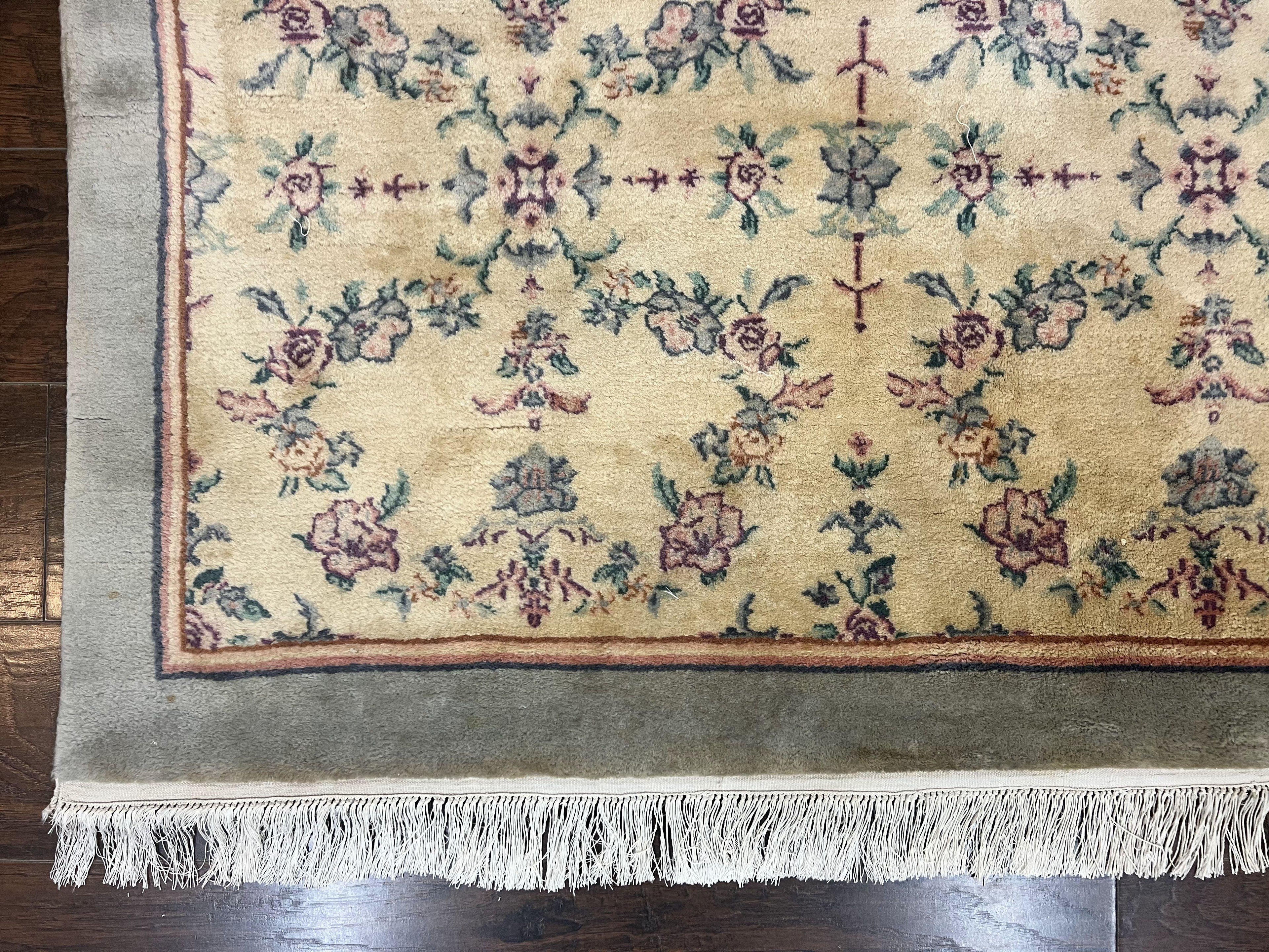 Sino Persian Rug 8x10, Floral, Oatmeal and Light Teal, Handmade Wool Vintage Carpet