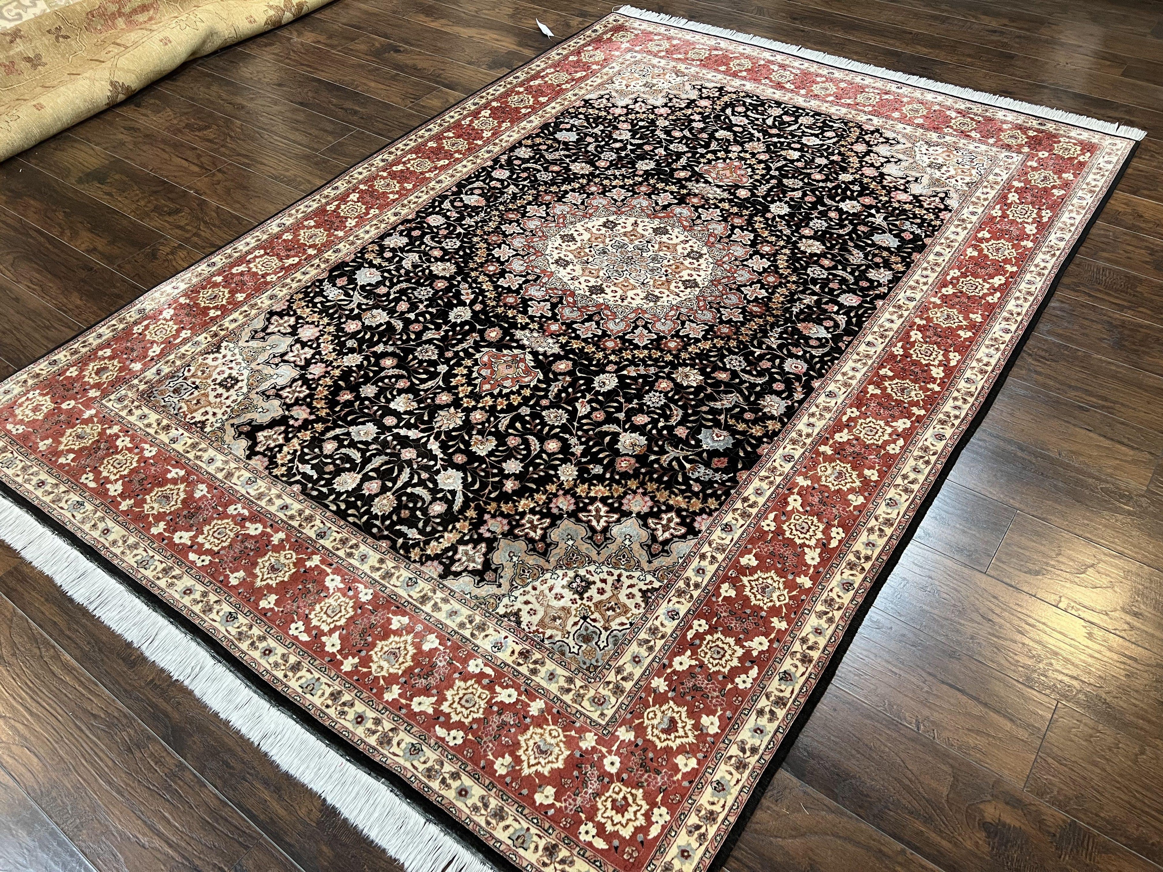 Marvelous Persian Tabriz Rug 7x10 ft, Super Fine 50 Raj, 300+ KPSI, Black and Rust Red, Floral Medallion Handmade Wool Oriental Carpet, Top Quality