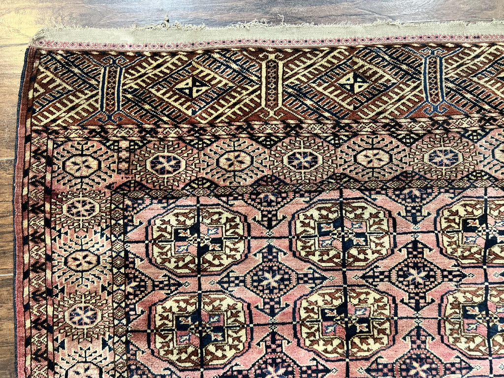 Persian Turkoman Rug 4x6, Wool Hand Knotted Antique Bokhara Carpet, Red Pink, Handmade Tribal Oriental Rug 4 x 6 ft