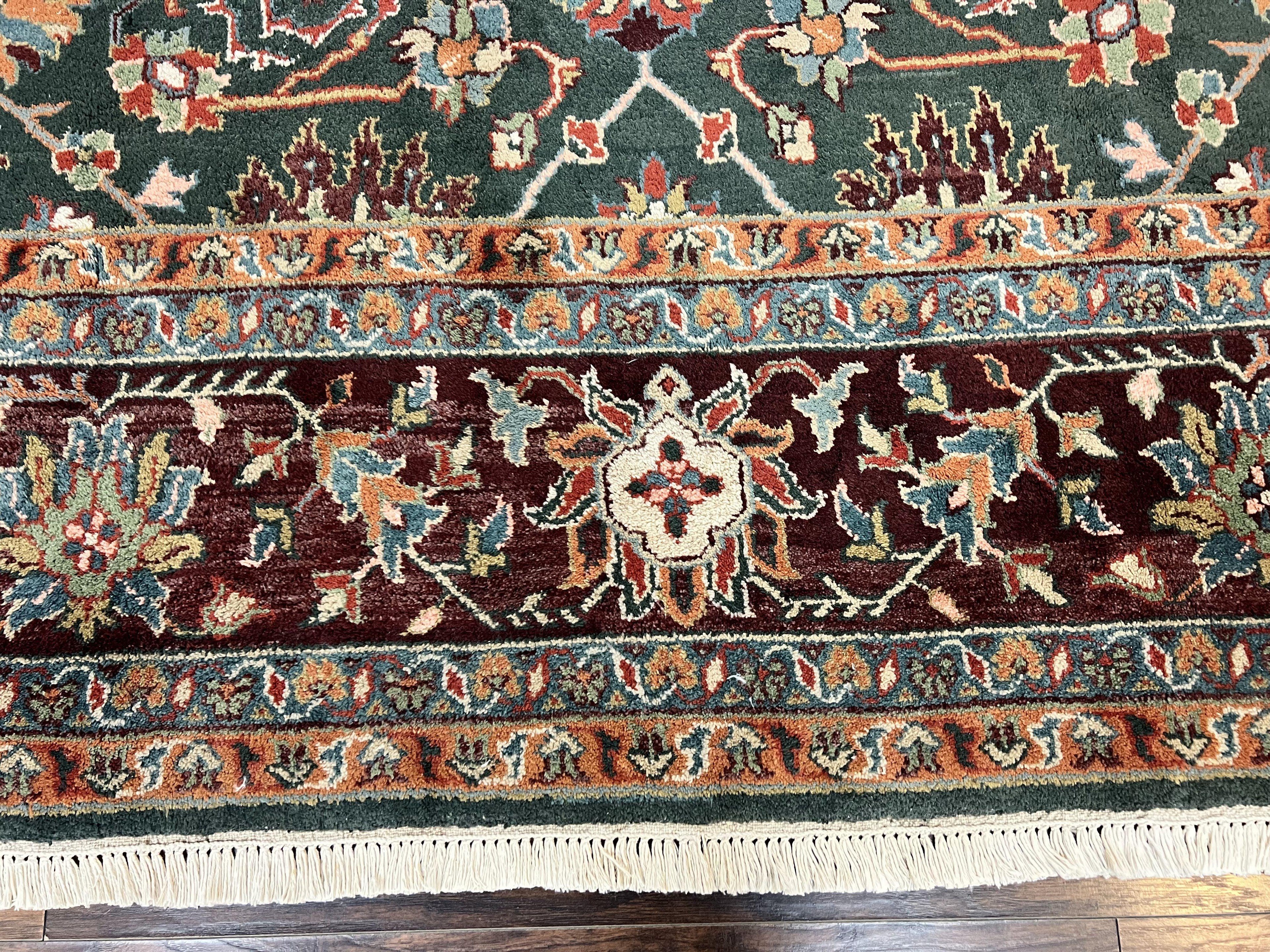 Indo Persian Rug 9x12, Wool Hand Knotted Vintage Carpet, Green and Maroon, Traditional Allover Floral Design, 9 x 12 Room Sized Rug
