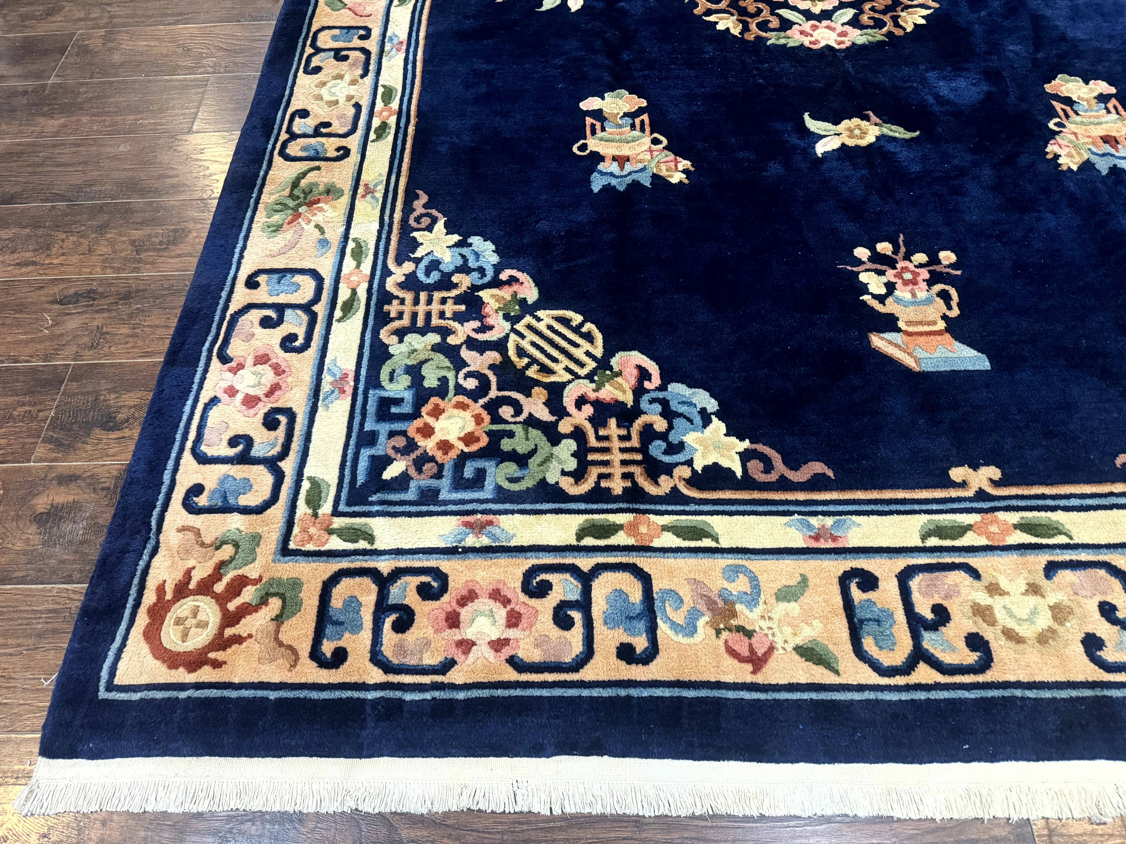 Chinese Wool Rug 8x11, Navy Blue and Beige, Simple Design, Fete Carpet