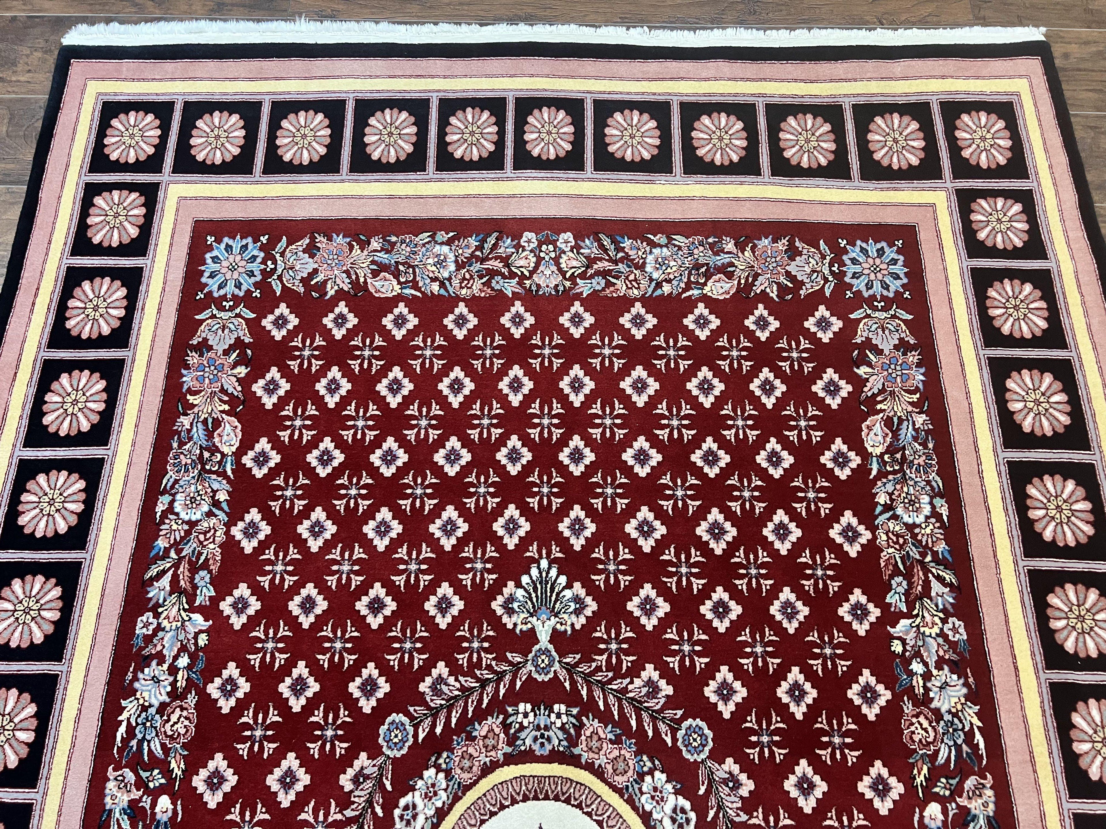 Pakistani Rug 6x9, European Aubusson Design, Wool Handmade Vintage Carpet, Dark Red, 6 x 9 Medium Sized Rug