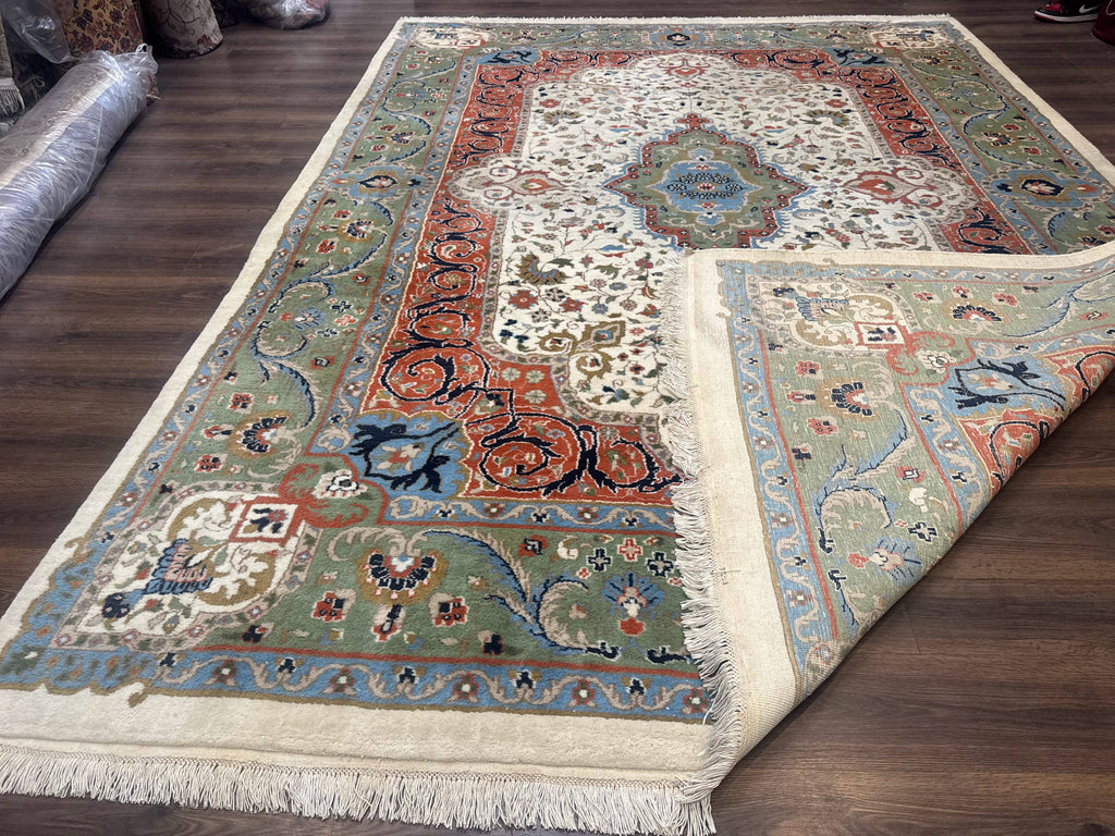 Indo Persian Rug 9x12, Ivory Red Green, Traditional Oriental Carpet