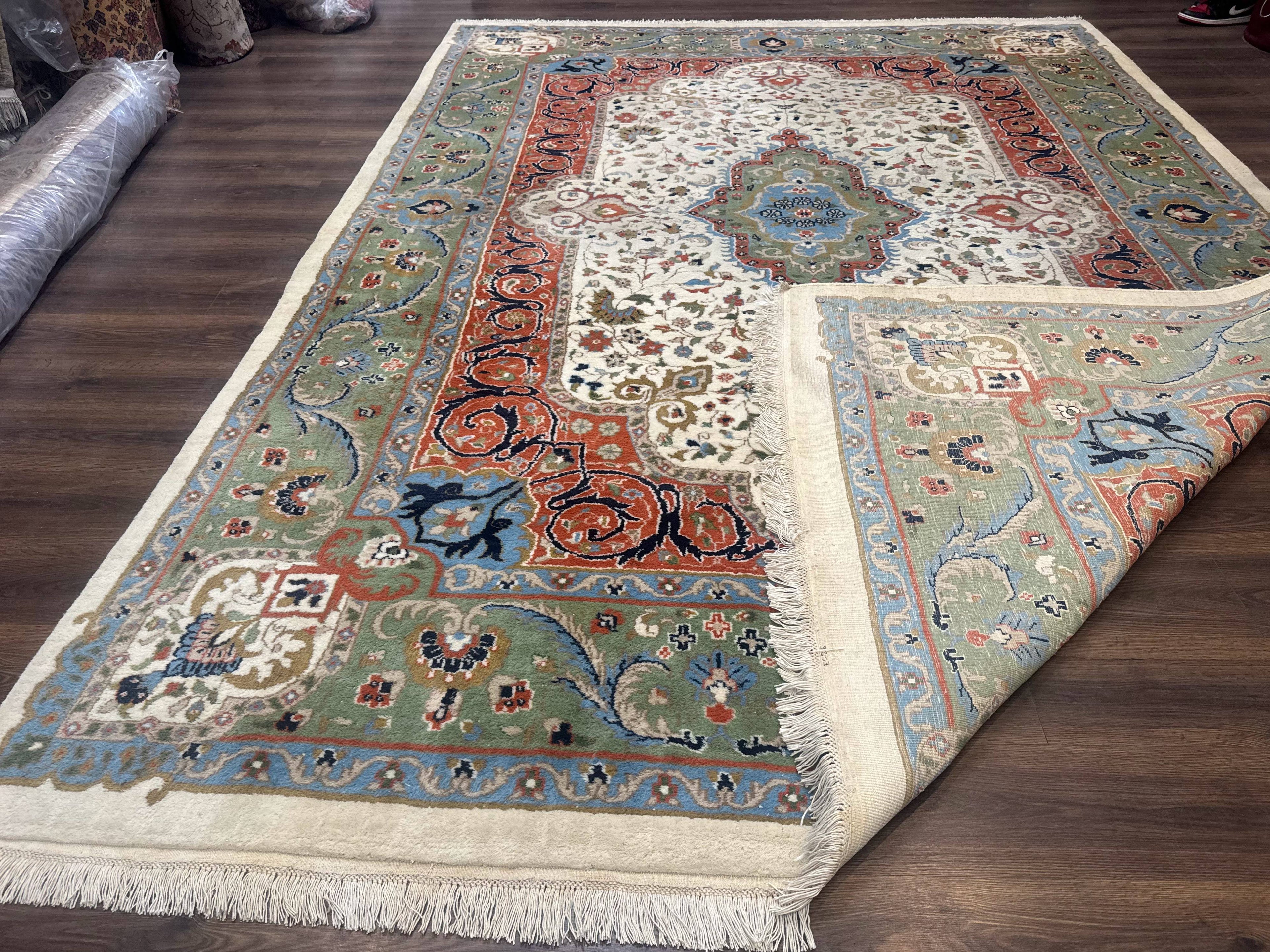 Indo Persian Rug 9x12, Ivory Red Green, Traditional Oriental Carpet