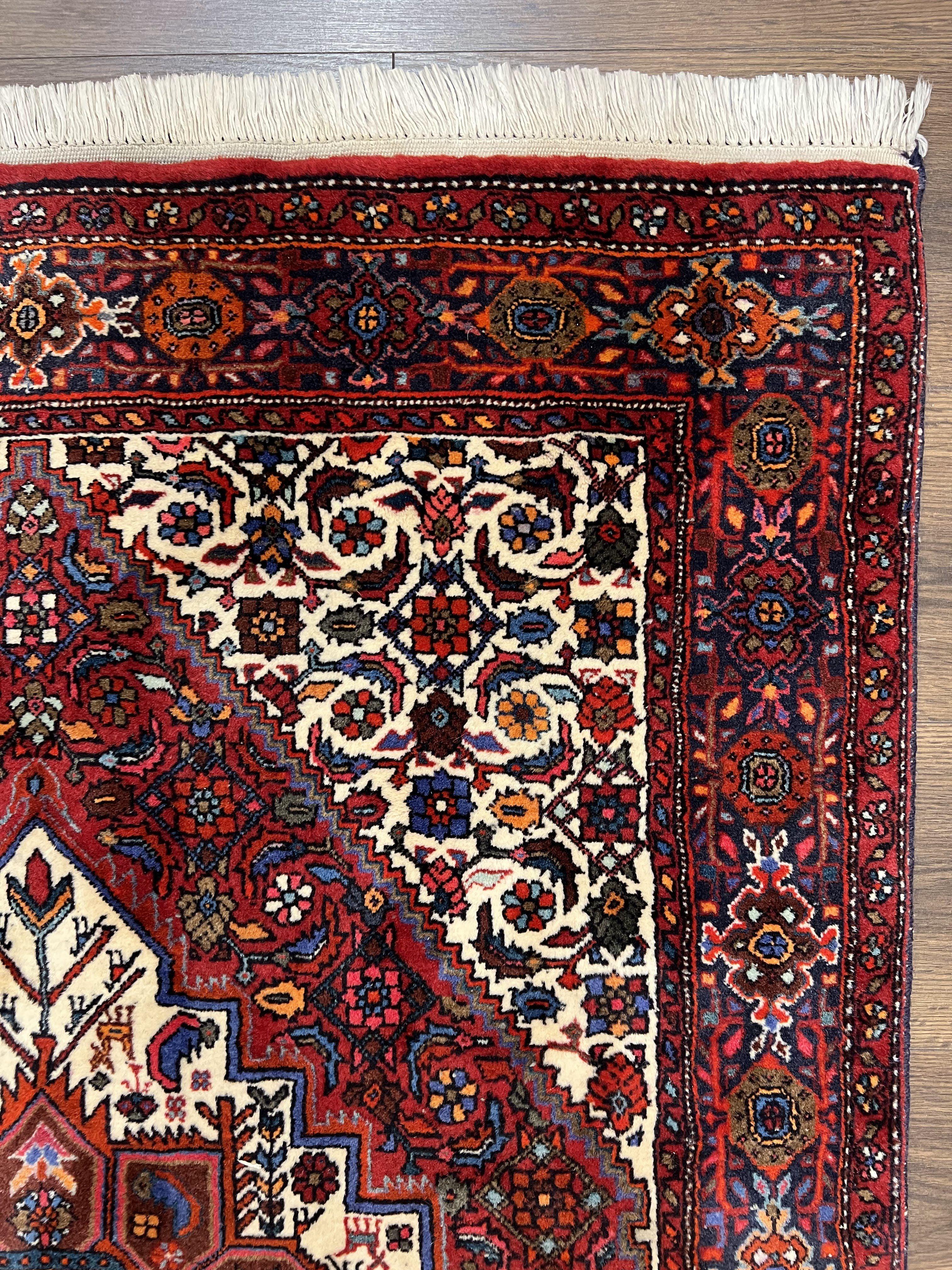 Fine Persian Bidjar Rug 3x5, Geometric Medallion Oriental Bijar Carpet 3 x 5 ft, Ruby Red and Cream, Hand Knotted Wool Rug, Semi Antique Tribal Rug, Nice