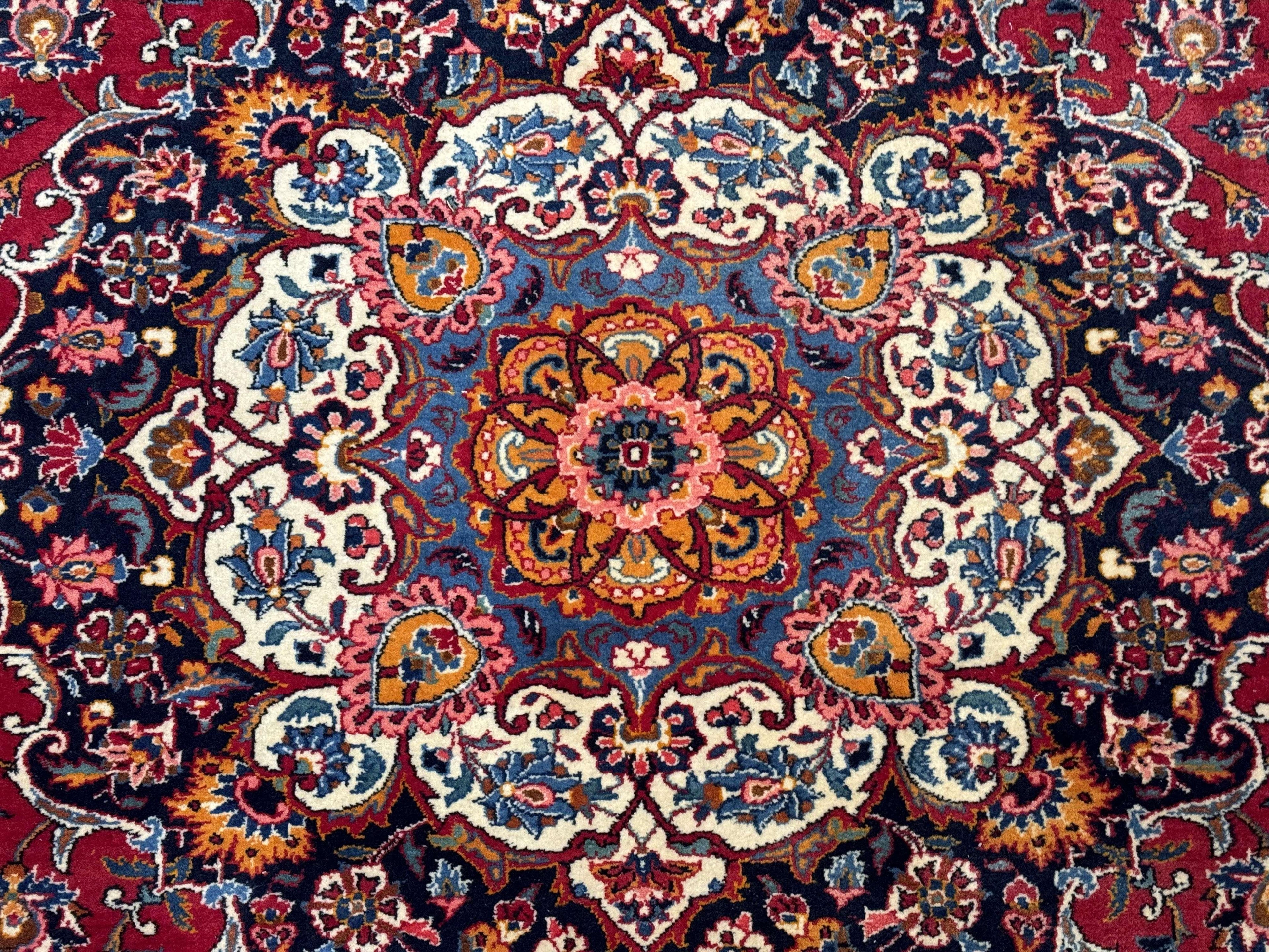 Large Persian Kashan Rug 11x14, Traditional Persian Carpet, Wool, Fine 250 KPSI, Red Navy Blue
