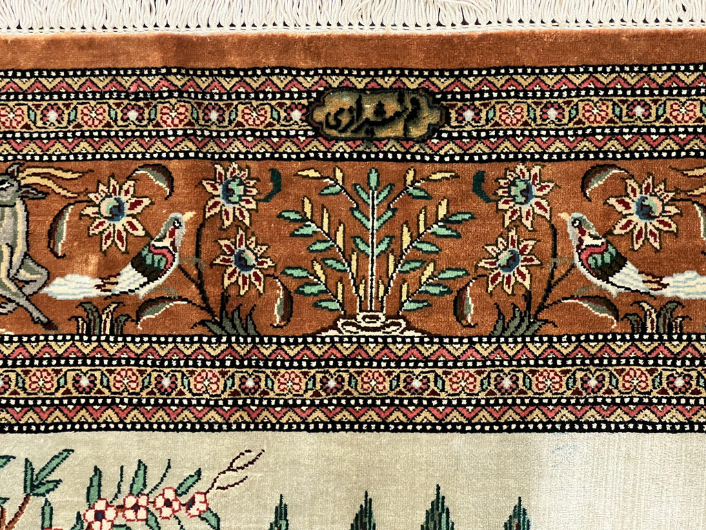 Silk Persian Qum Rug 3x5, Hunting Pattern, Handmade Vintage Carpet, Signed by Master Weaver, Horsemen Pictorials, Super Fine 650 KPSI