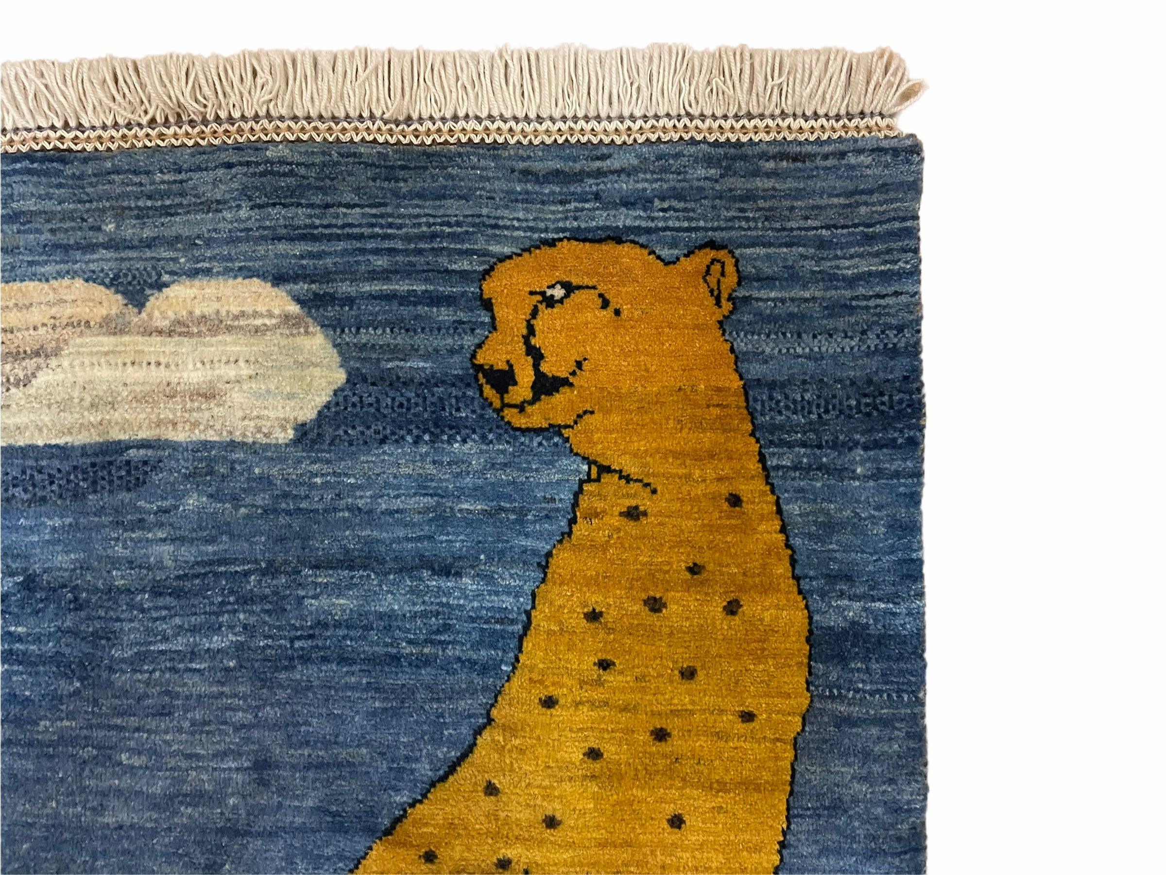 3 x 5 Handmade New Vintage Wool Blue Rug Leopard Lion Jaguar Deer Organic Dyes