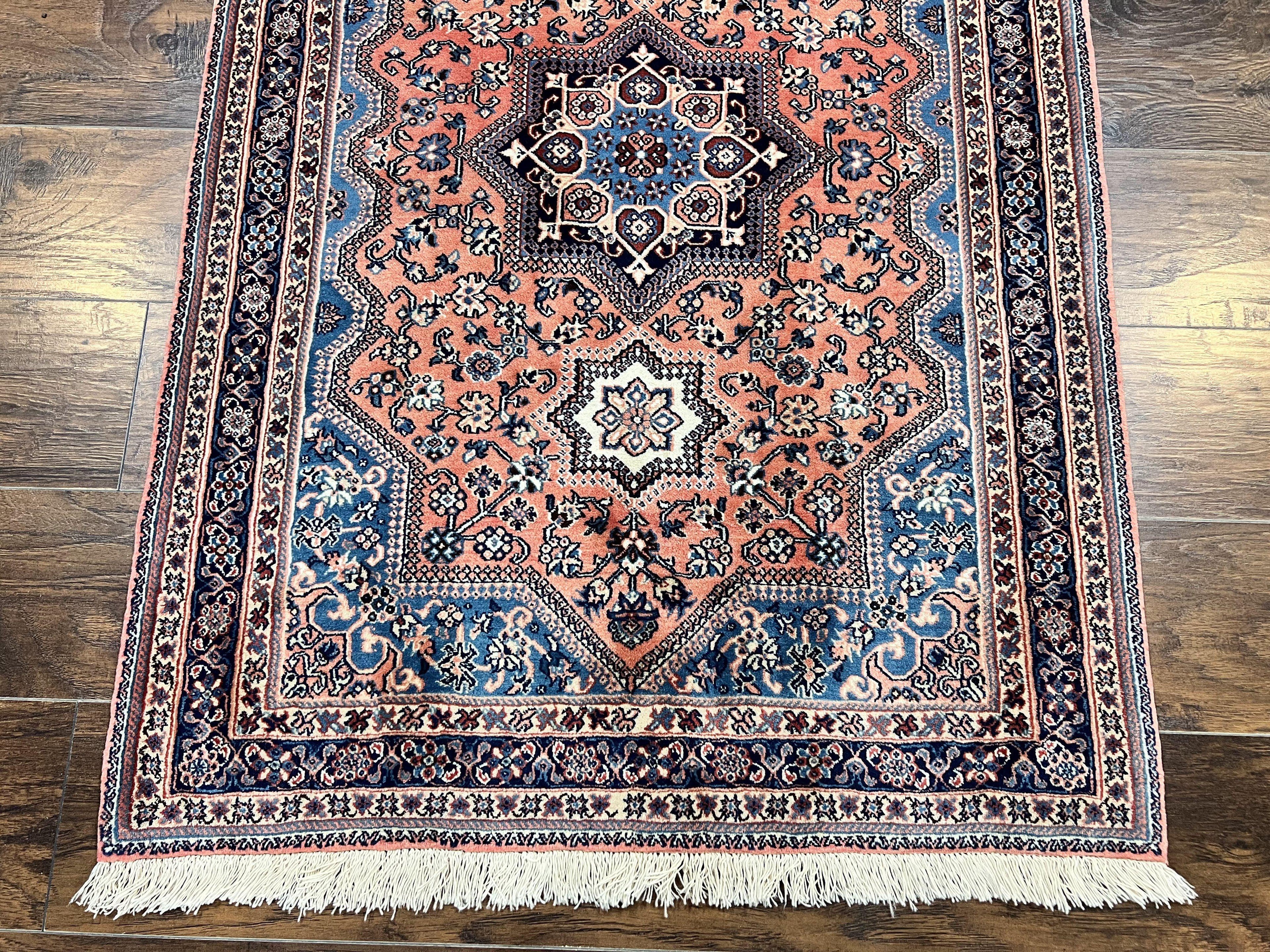 Persian Shiraz Rug 3x5, Geometric Tribal Rug, Wool Hand Knotted Vintage Carpet, Light Red & Blue, Signed by Masterweaver