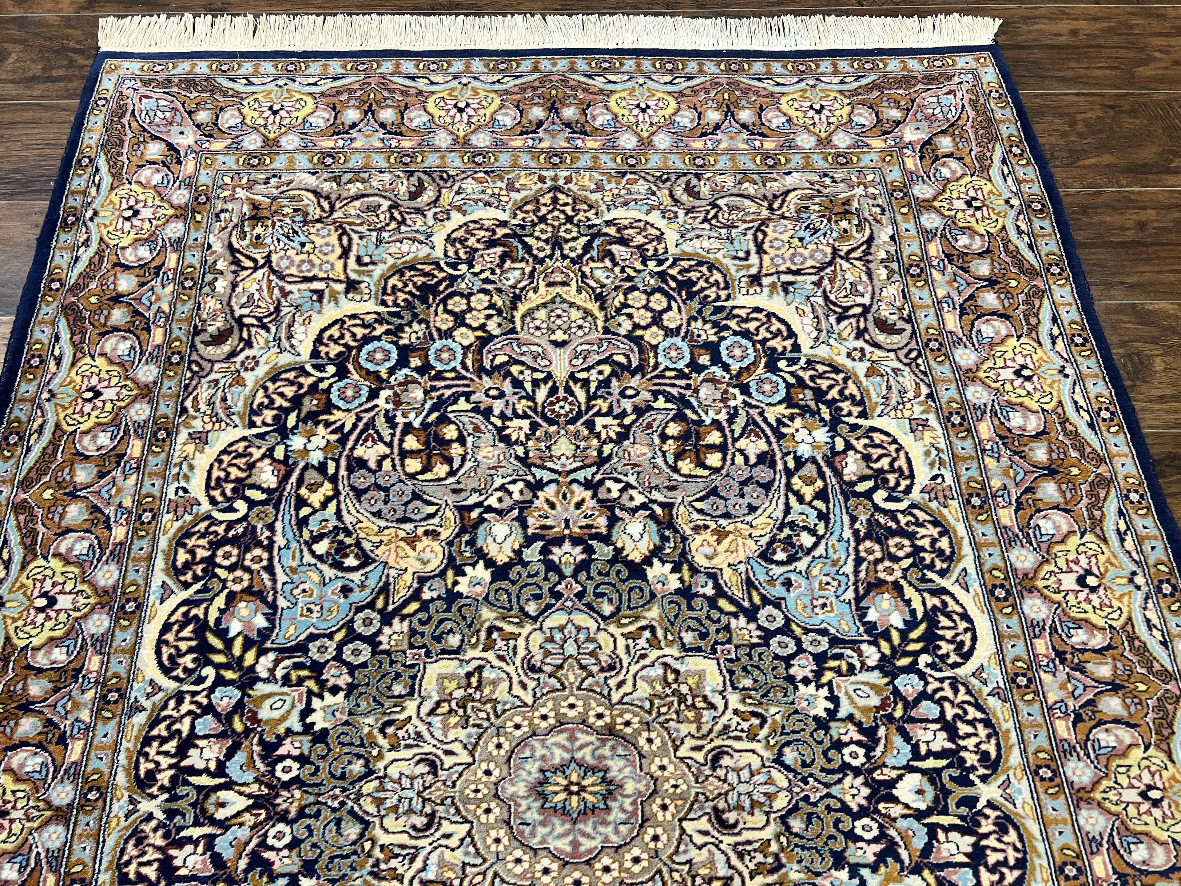 Pak Persian Rug 5x7, Navy Blue Hand Knotted Wool Oriental Carpet 5 x 7 ft, Floral Medallion, Traditional Vintage Pakistani Rug, 225 KPSI