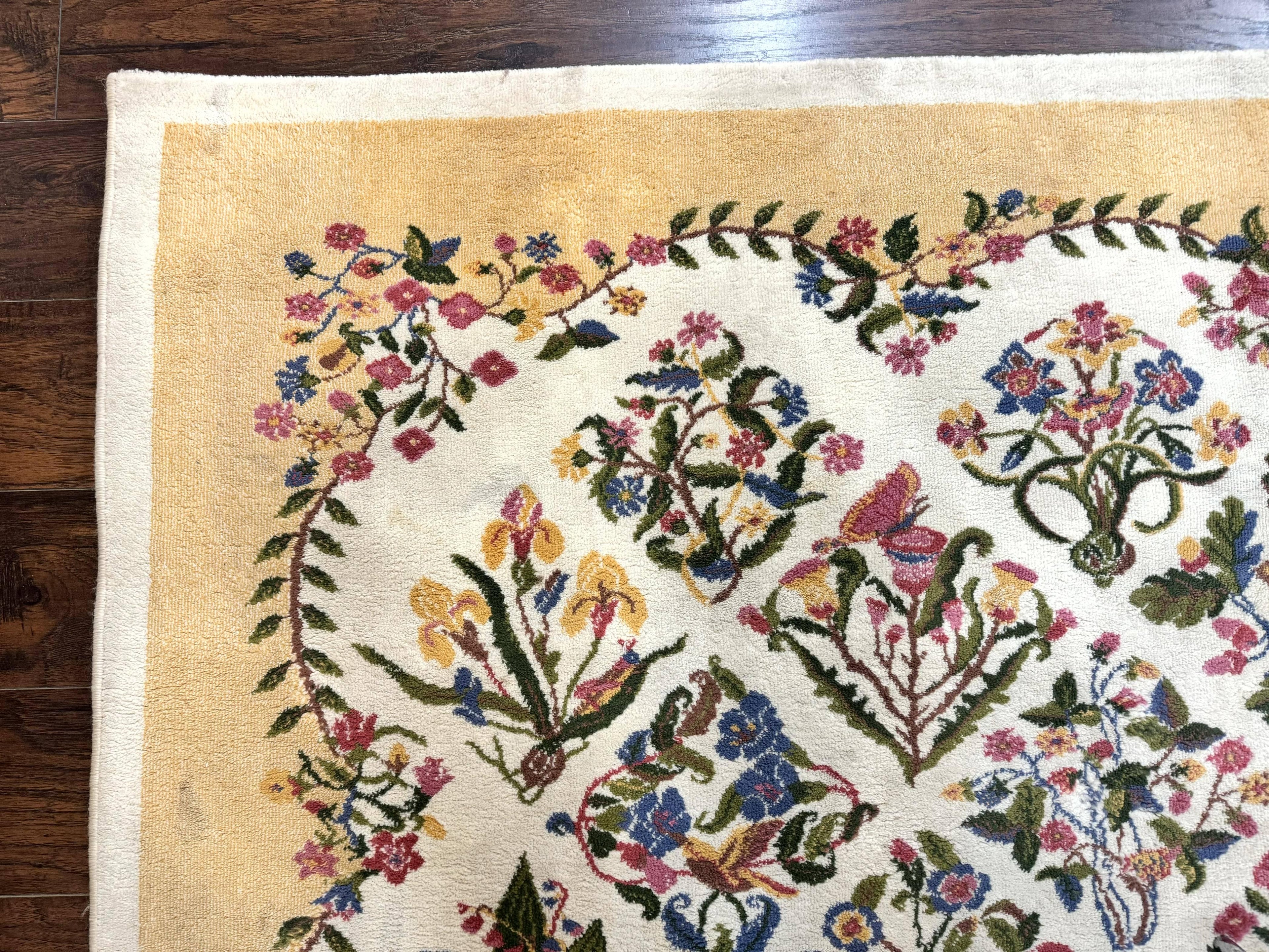 Power Loomed Rug 8x11, Ivory and Multicolor Floral Panel Pattern, Flowers, Butterflies, Vintage