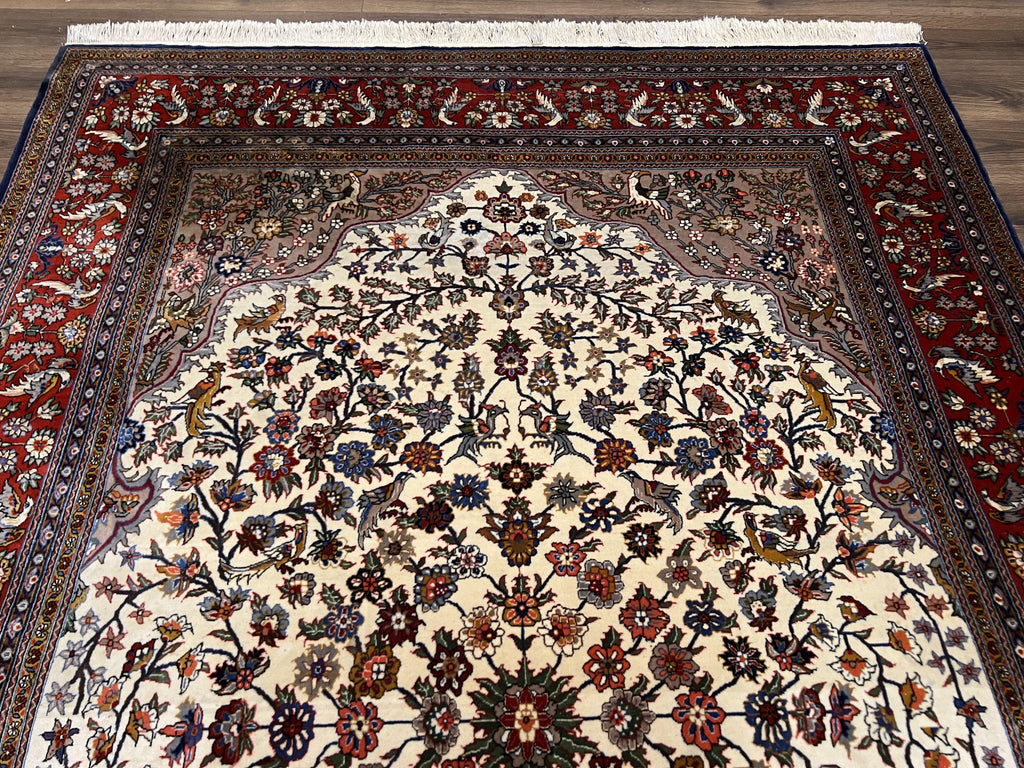 Beautiful Sino Persian Rug 7x10, Circle of Life Tree of Life Rug, Birds, Cream Red Navy Blue Taupe, Wool Silk Accents, Hand Knotted Vintage