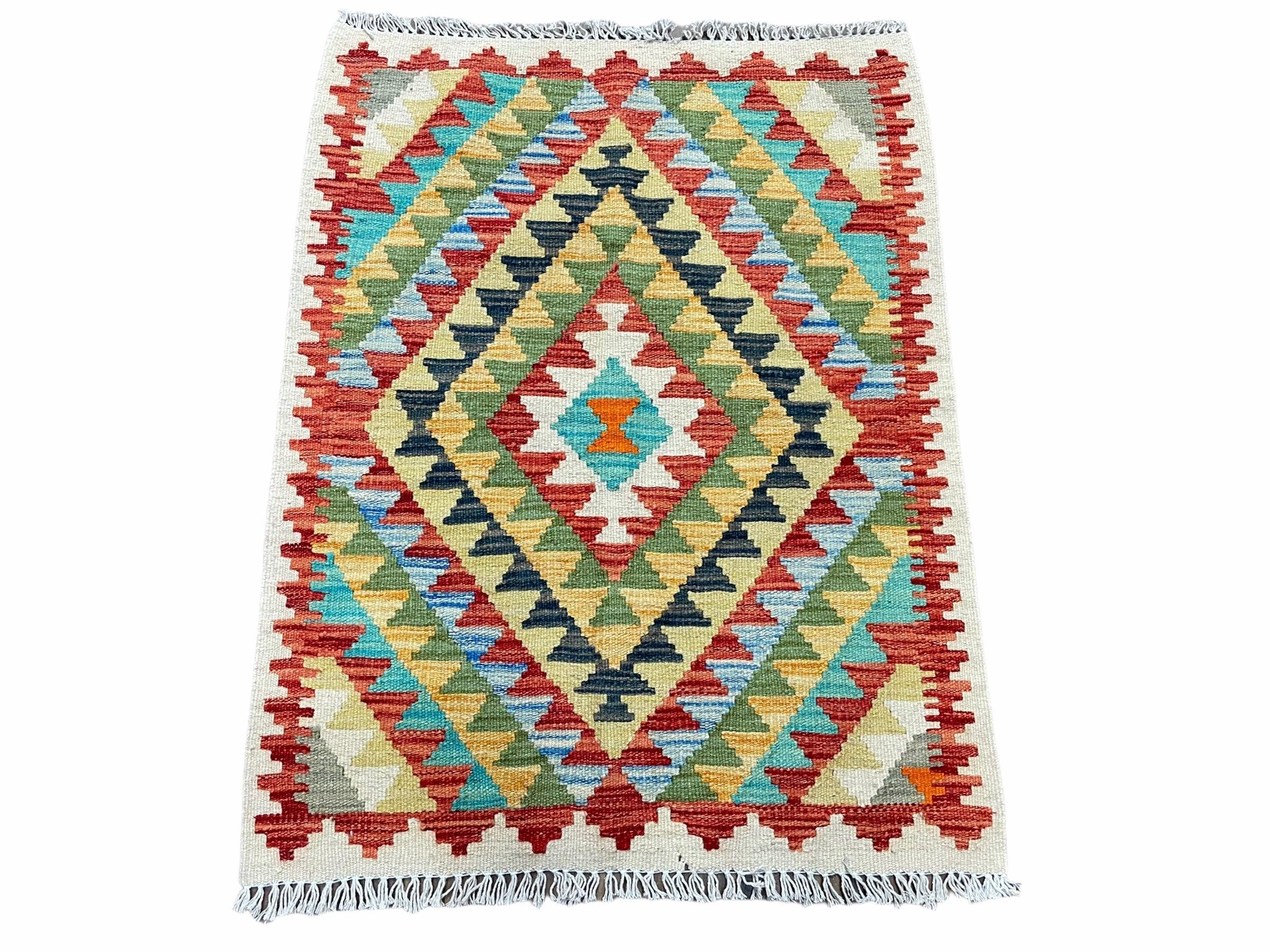 Small Kilim Rug 2x3 Colorful Turkish Kilim Accent Rug New Flatweave Wool Kilim Chobi Kilim Diamond Zigzag Playroom Rug
