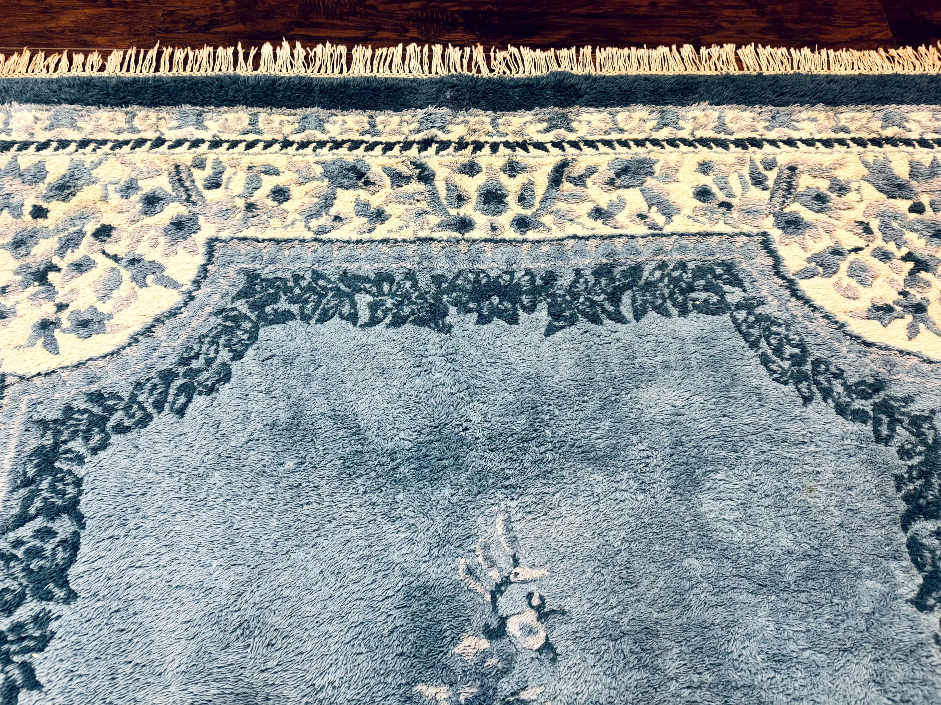 Indo Chinese Aubusson Rug 6x9, Light Blue and Ivory, Handmade Vintage Wool Carpet