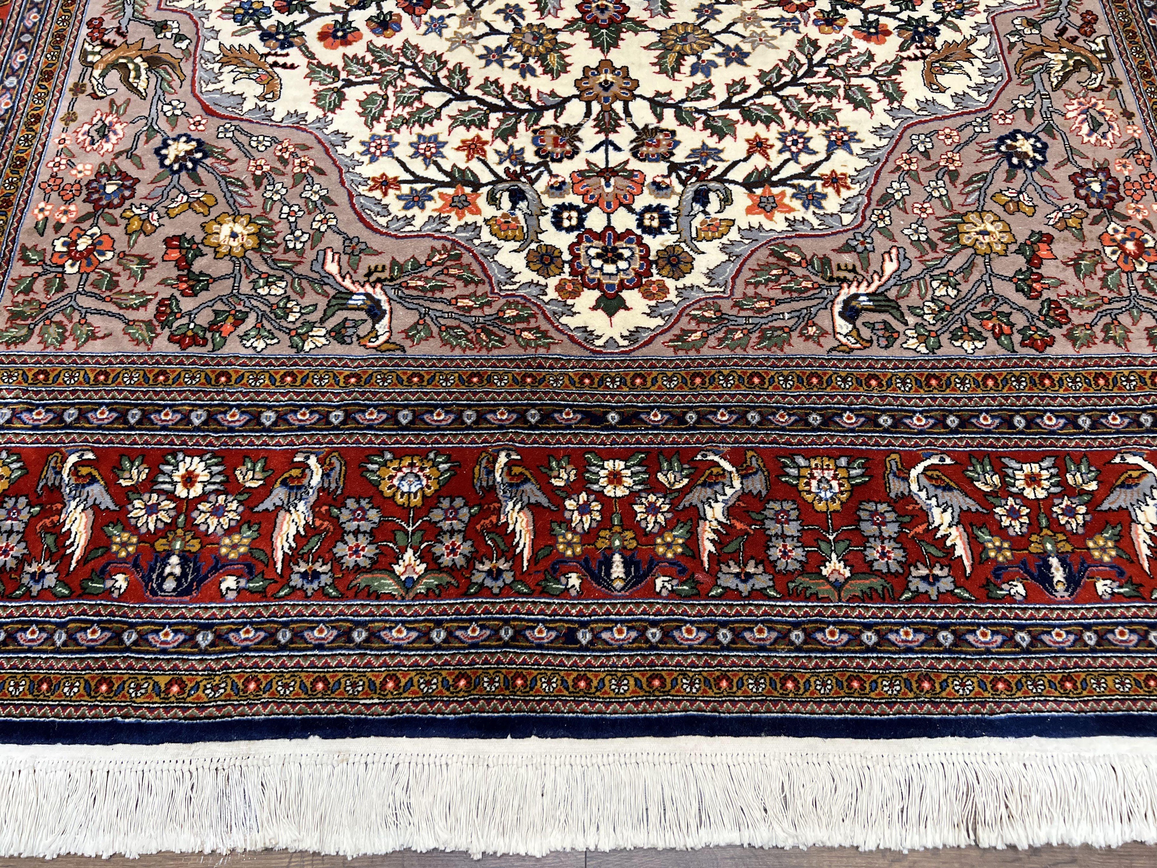 Beautiful Sino Persian Rug 7x10, Circle of Life Tree of Life Rug, Birds, Cream Red Navy Blue Taupe, Wool Silk Accents, Hand Knotted Vintage