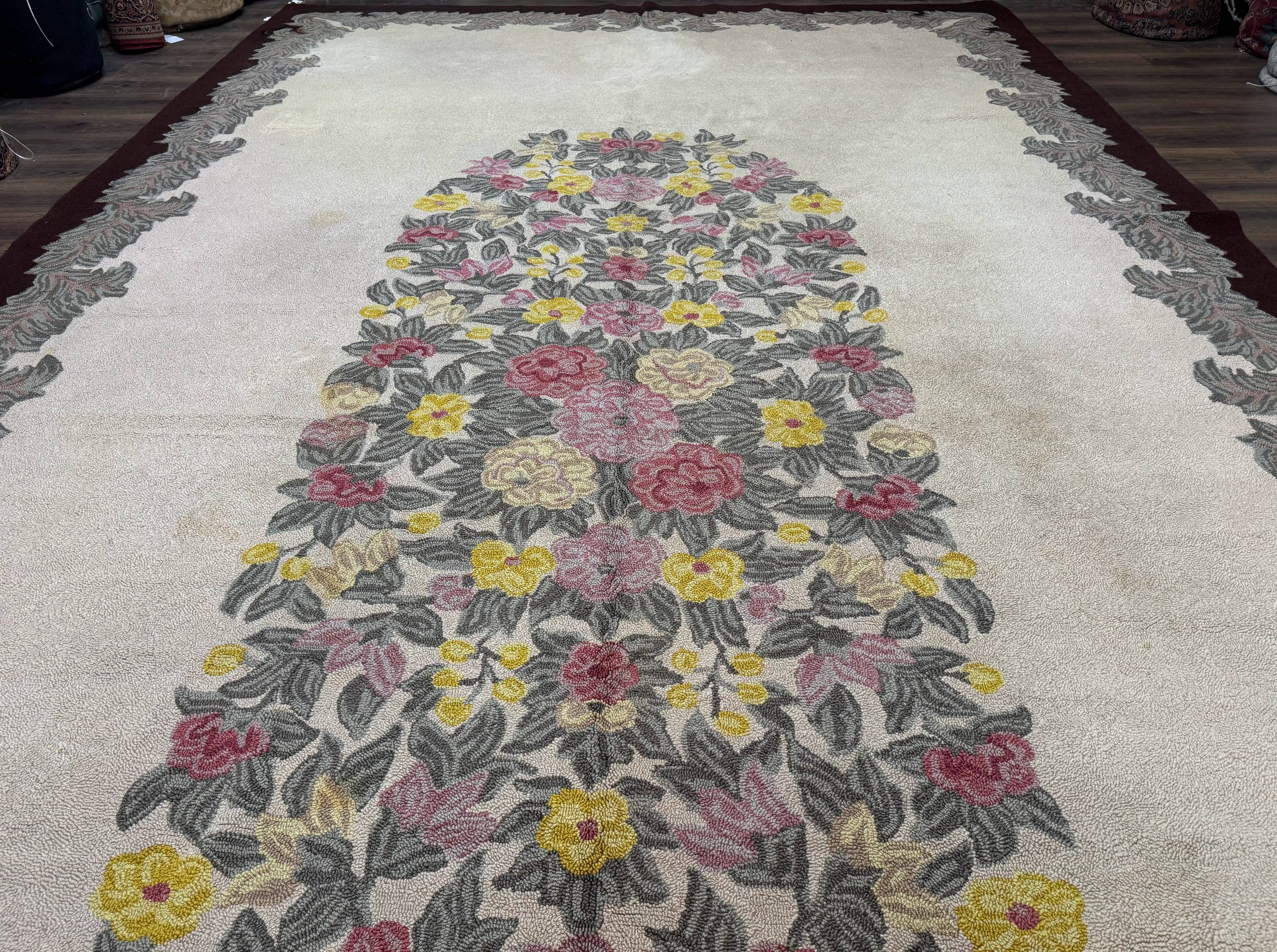 Palace Size American Hooked Rug 11x20 Aubusson Style Ivory