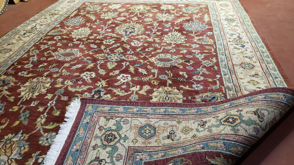 8x12 Indo-Mahal Rug, Floral Allover, Red & Beige, Wool Vintage Handmade Traditional Carpet