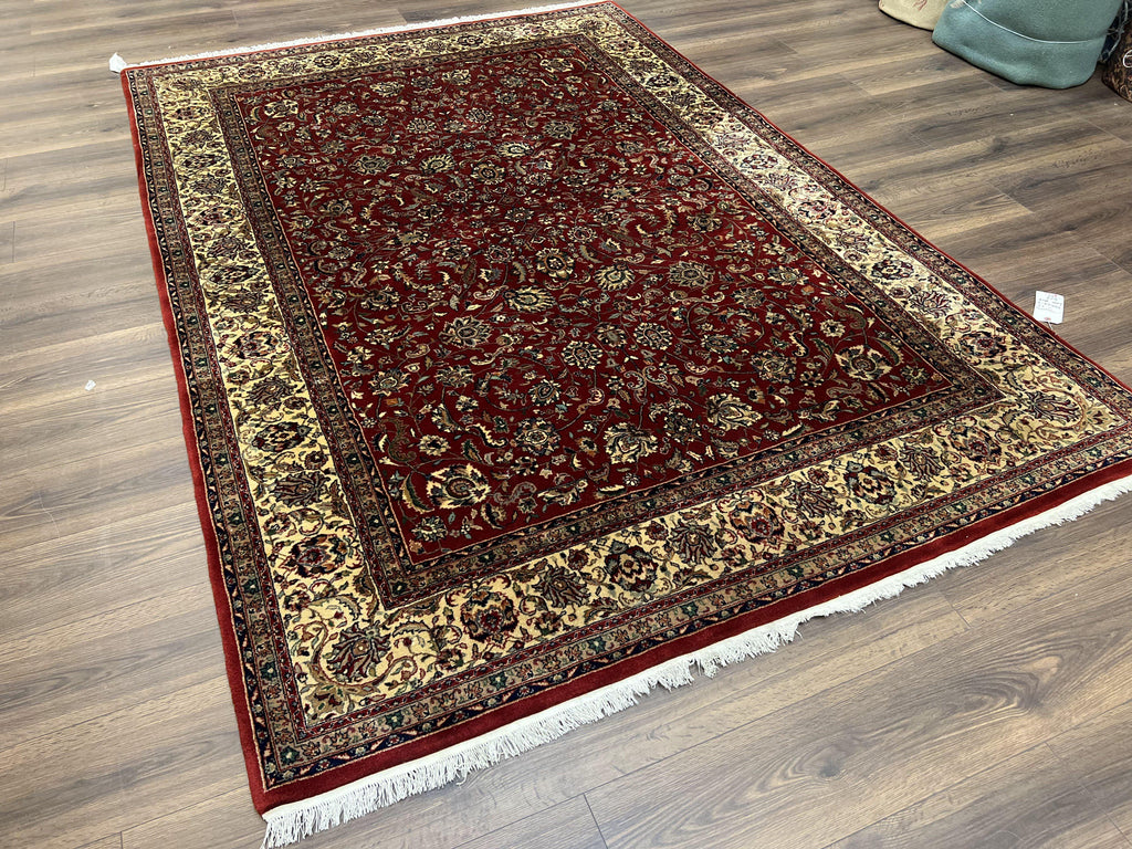 Vintage Indo Persian Rug 6x9, Very Finely Hand-Knotted Carpet 6 x 9 Red Cream Indian Oriental Carpet, Traditional Floral Wool Area Rug 1970s