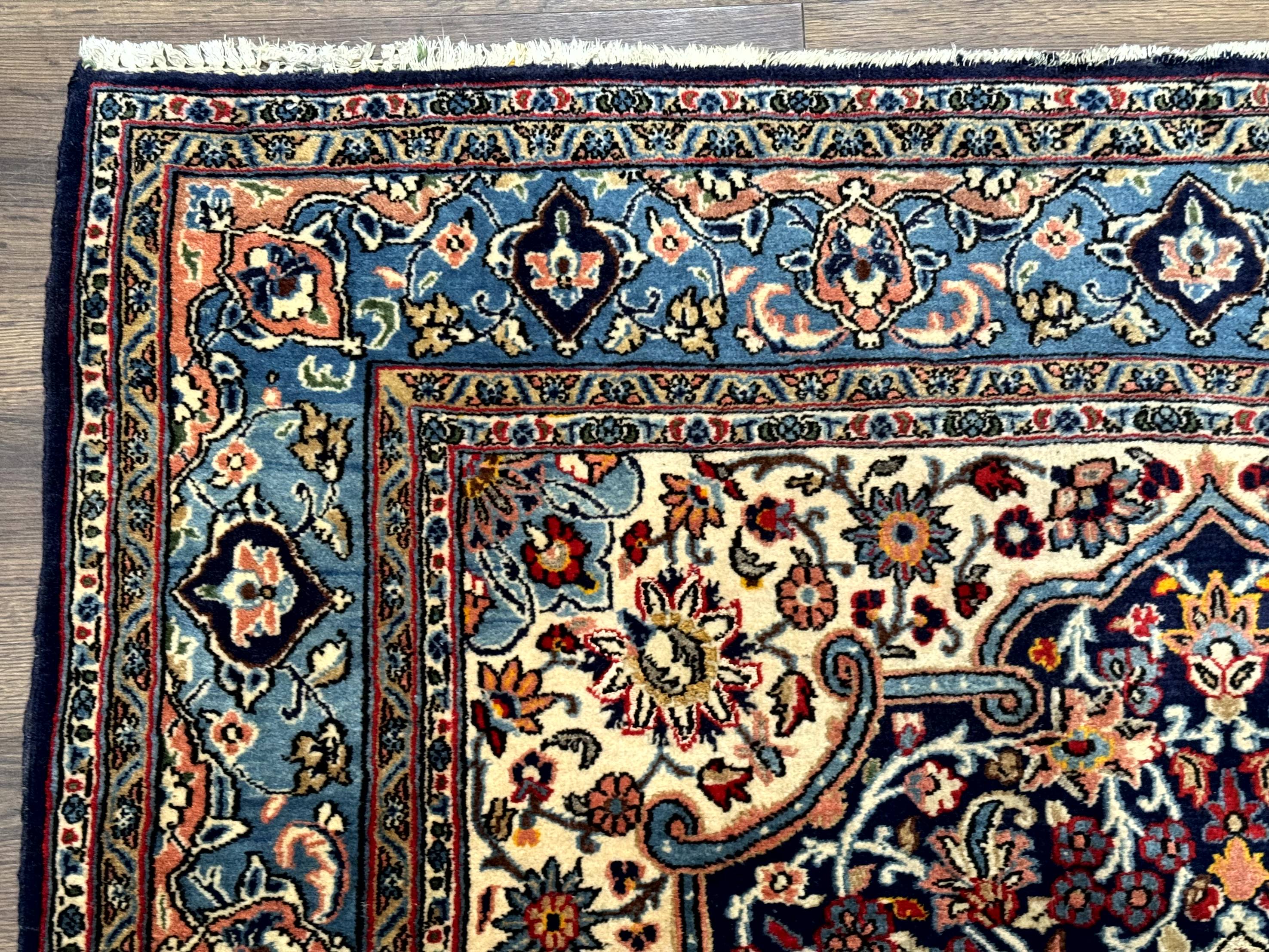 Persian Qum Rug 5x7 in Navy Light Blue and Ivory, Wool wilh Silk Highlights, 225 KPSI
