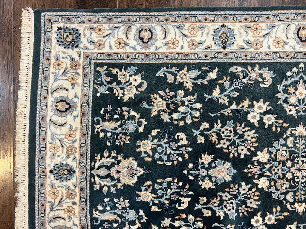 Green Indo Persian Rug 4x6, Floral Allover, Handmade Vintage Oriental Carpet, Sarouk Rug, Wool