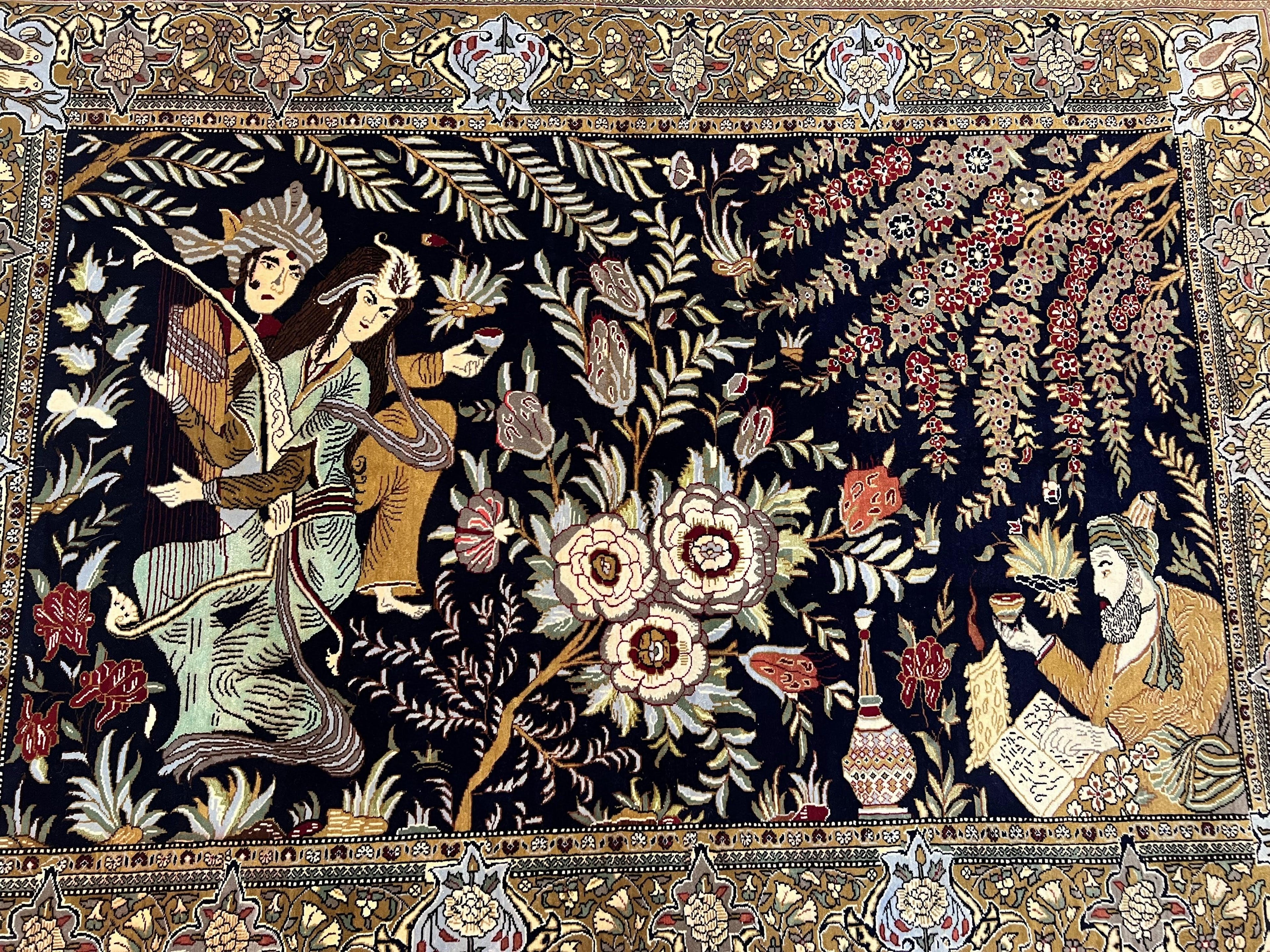 Persian Qum Pictorial Rug 4.8 x 6.5 - Layla & Majnun, Birds