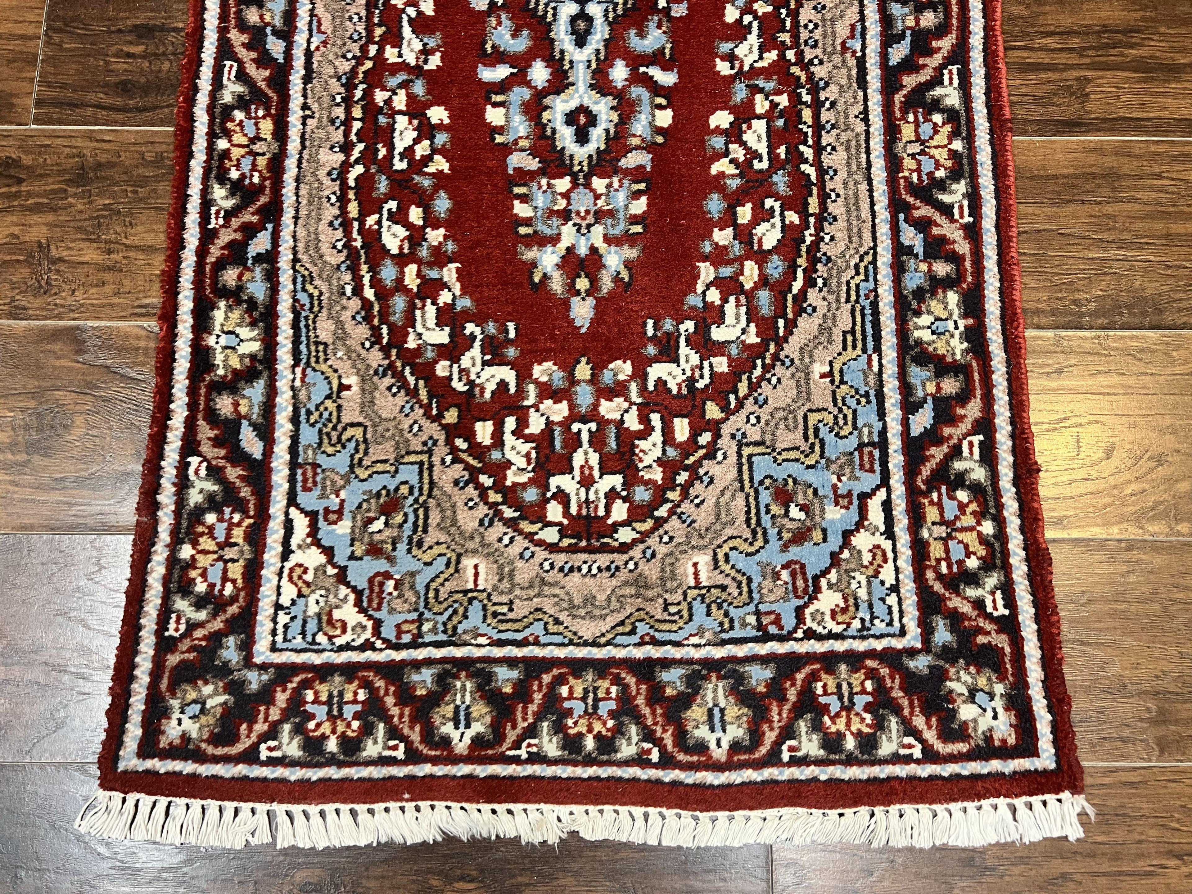 Indo Persian Runner Rug 2.8 x 14.8, Long Indo Kirman Hallway Rug, Red Floral Wool Vintage Handmade Oriental Runner