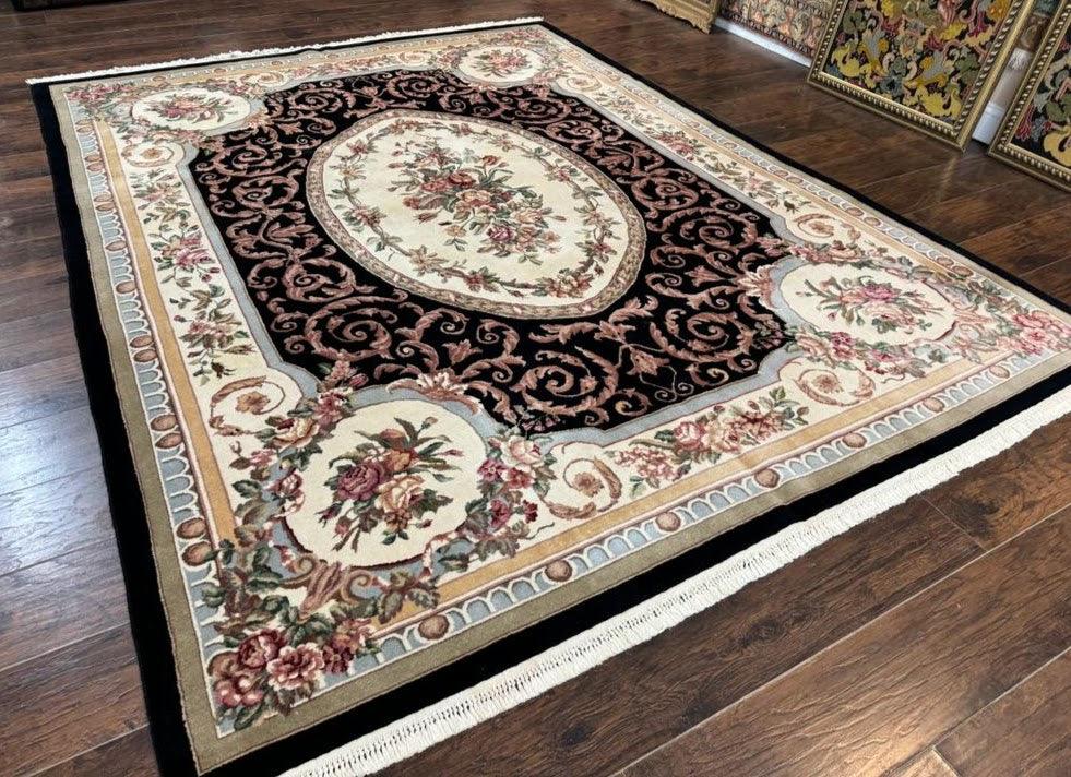 Aubusson Rug 8x10, Floral, Wool Pile, Elegant, European Design, Handmade, Fine
